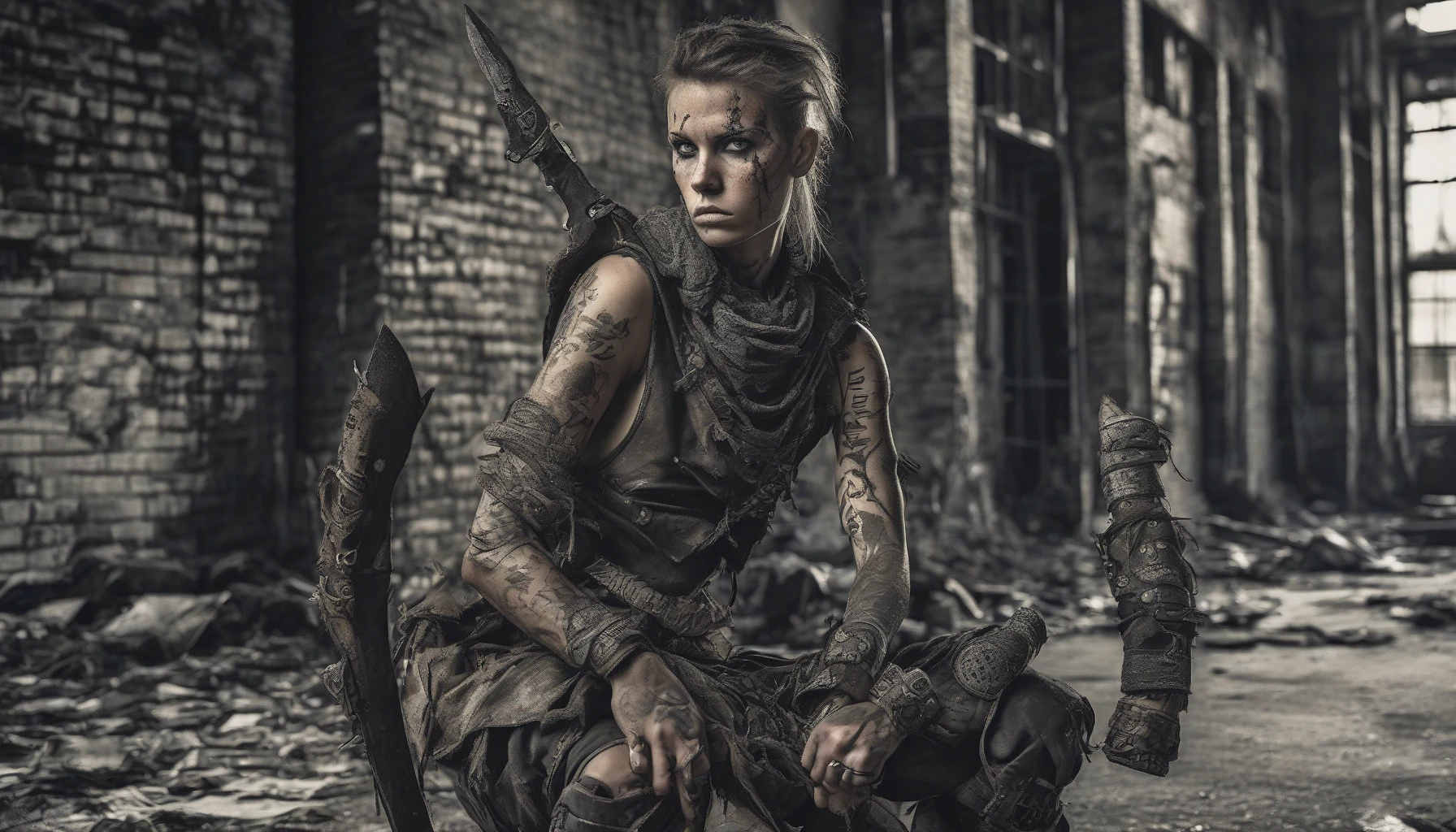 In a desolate urban landscape, a fierce warrior stands ready for battle, clad in tattered leather armor and adorned with makeshift weapons crafted from salvaged debris. Their piercing gaze reflects the harsh realities of survival, while intricate tattoos tell a story of resilience. The eerie silence of the abandoned buildings looms behind, hinting at the dangers that lurk in the shadows of this unforgiving world.