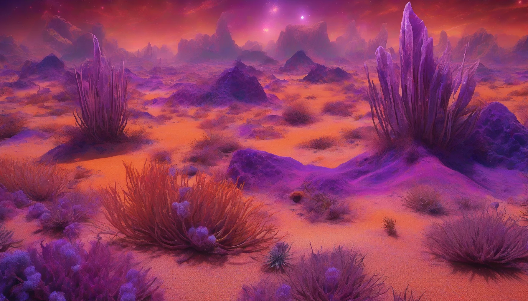 Picture an expansive alien desert under a kaleidoscopic sky, where vibrant hues of violet and orange merge at dusk. Towering crystalline structures rise majestically from the sand, their surfaces shimmering with iridescent colors. The terrain is dotted with unusual flora, their luminescent petals casting an ethereal glow. A gentle breeze stirs the golden grains, creating mesmerizing patterns against the backdrop of this surreal, otherworldly landscape.