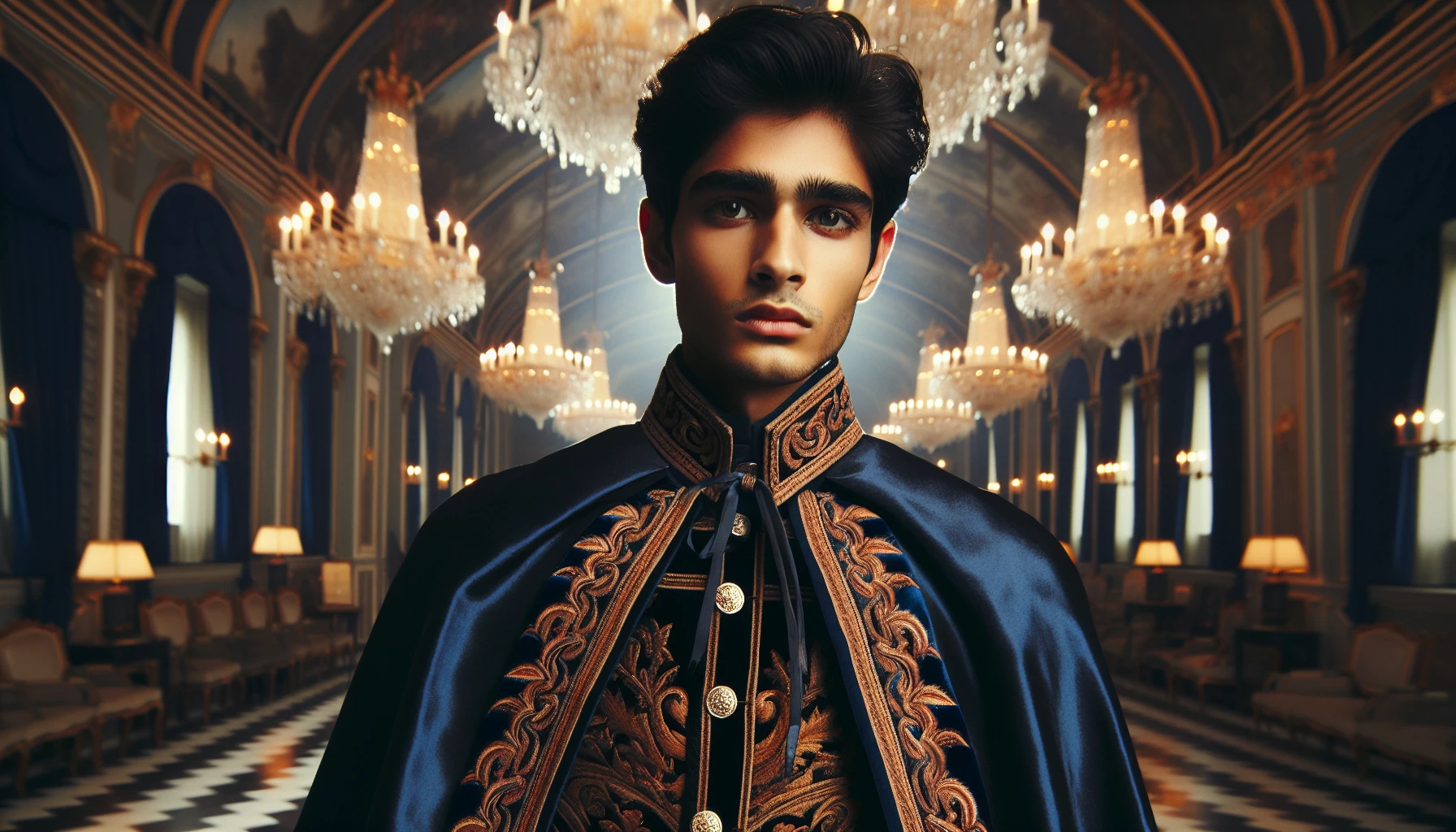 Picture a youthful prince standing confidently in an opulent castle, his royal cape billowing dramatically behind him. The rich fabric shimmers with hues of deep sapphire and gold, adorned with intricate embroidery. His piercing eyes reflect wisdom beyond his years, while the grand chandeliers cast a soft glow on his regal attire. The atmosphere is one of nobility and promise, a glimpse into a future leader.