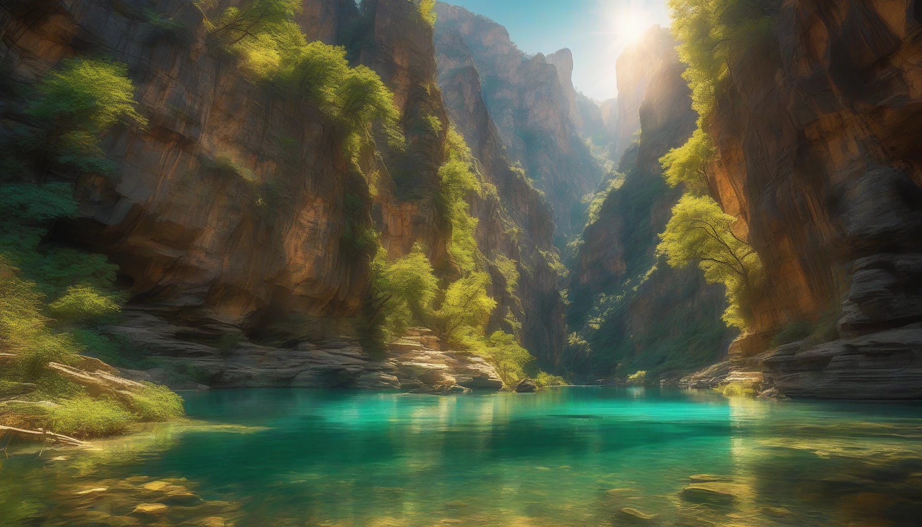 A breathtaking scene of a crystal-clear river winding through a majestic canyon, its turquoise waters glistening under the golden sunlight. Towering rock formations, draped in lush greenery, rise steeply alongside the riverbanks, creating a stunning contrast of colors. The gentle flow of water harmonizes with the rustle of leaves, while the distant echoes of nature complete this tranquil oasis, inviting viewers to immerse themselves in its serene beauty.