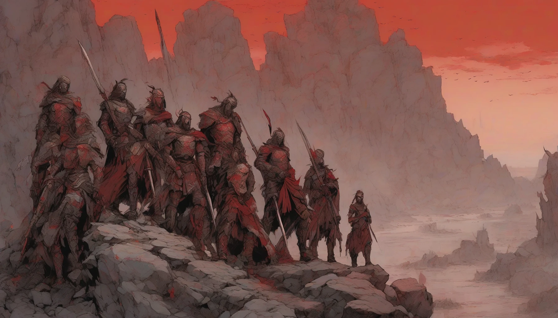 Set against a backdrop of a blood-red sky, a group of weary warriors gathers at a rocky cliff's edge, their faces lit by the soft glow of dawn. Each figure, clad in weathered armor, shares a heartfelt embrace, their eyes filled with unspoken courage and sorrow. In the distance, the outlines of a dark, menacing army approach, signaling the final battle. A lone eagle soars overhead, symbolizing hope amidst despair.