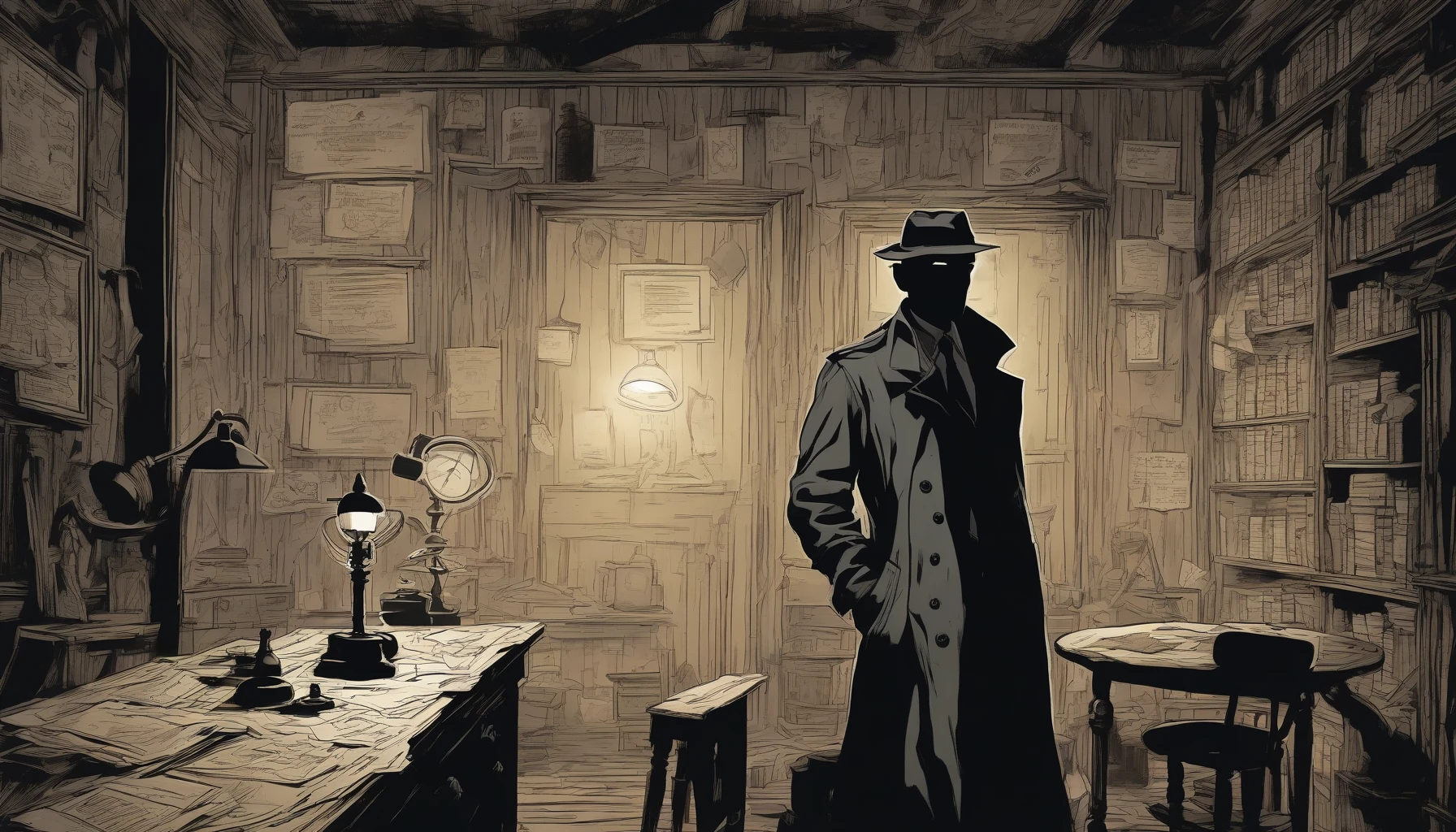 In a dimly lit room, the silhouette of a detective looms, clad in a classic trench coat, exuding an air of intrigue. With a gleaming magnifying glass in hand, the detective scrutinizes a scattered array of clues on an old, wooden table. Shadows dance on the walls, hinting at untold secrets, while the faint glimmer of the city’s night lights seeps through a cracked window, beckoning for answers.