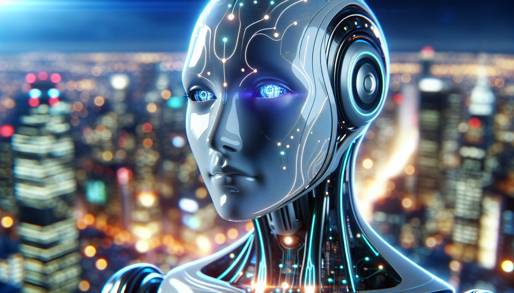 Picture a striking humanoid android, exuding an aura of advanced technology and elegance. Its face is a blend of sleek metallic features and soft, human-like expressions, with glowing circuits pulsating under its semi-transparent skin. The background is a neon-lit cityscape, reflecting off its body, while its eyes radiate a soft blue glow, hinting at intelligence and warmth. This visual melds humanity with cutting-edge robotics, creating a captivating synthesis.