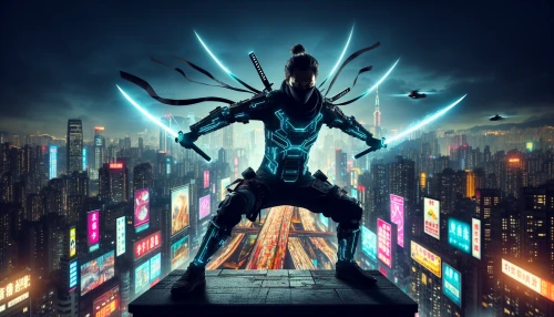 A high-tech ninja stands poised on a rooftop, silhouetted against a vibrant city skyline alive with neon lights. Clutched in each hand are glowing blades that pulse with energy, casting a radiant hue on the surroundings. His sleek, armor-like attire blends traditional ninja elements with a modern twist, while the dynamic cityscape below is alive with digital billboards and flying cars, embodying an electrifying fusion of technology and stealth.