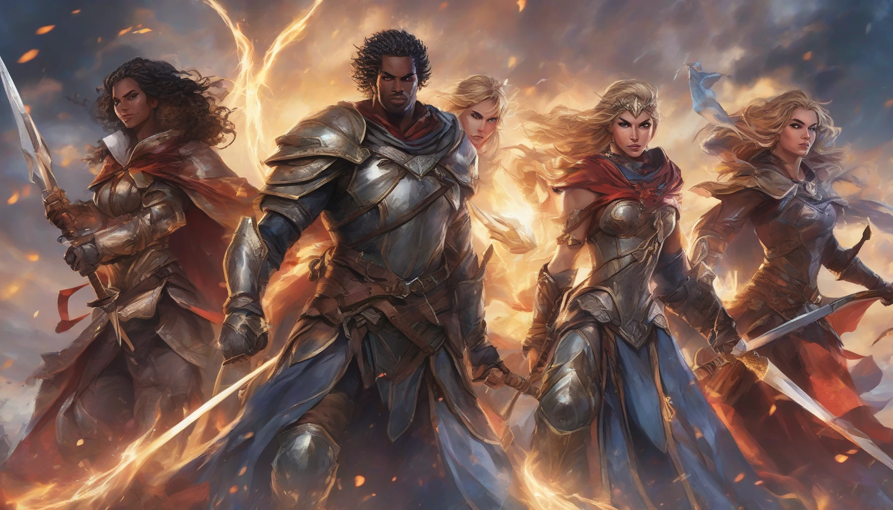 A diverse team of heroes stands valiantly together, each displaying a unique power and personality. The scene is charged with energy as their varied costumes reflect their strengths — a regal knight, a fierce warrior, a mystical sorceress, and a swift archer. Their determined expressions convey unyielding courage, while an epic, stormy backdrop sets the stage for an impending clash. The air crackles with anticipation as they prepare for battle.