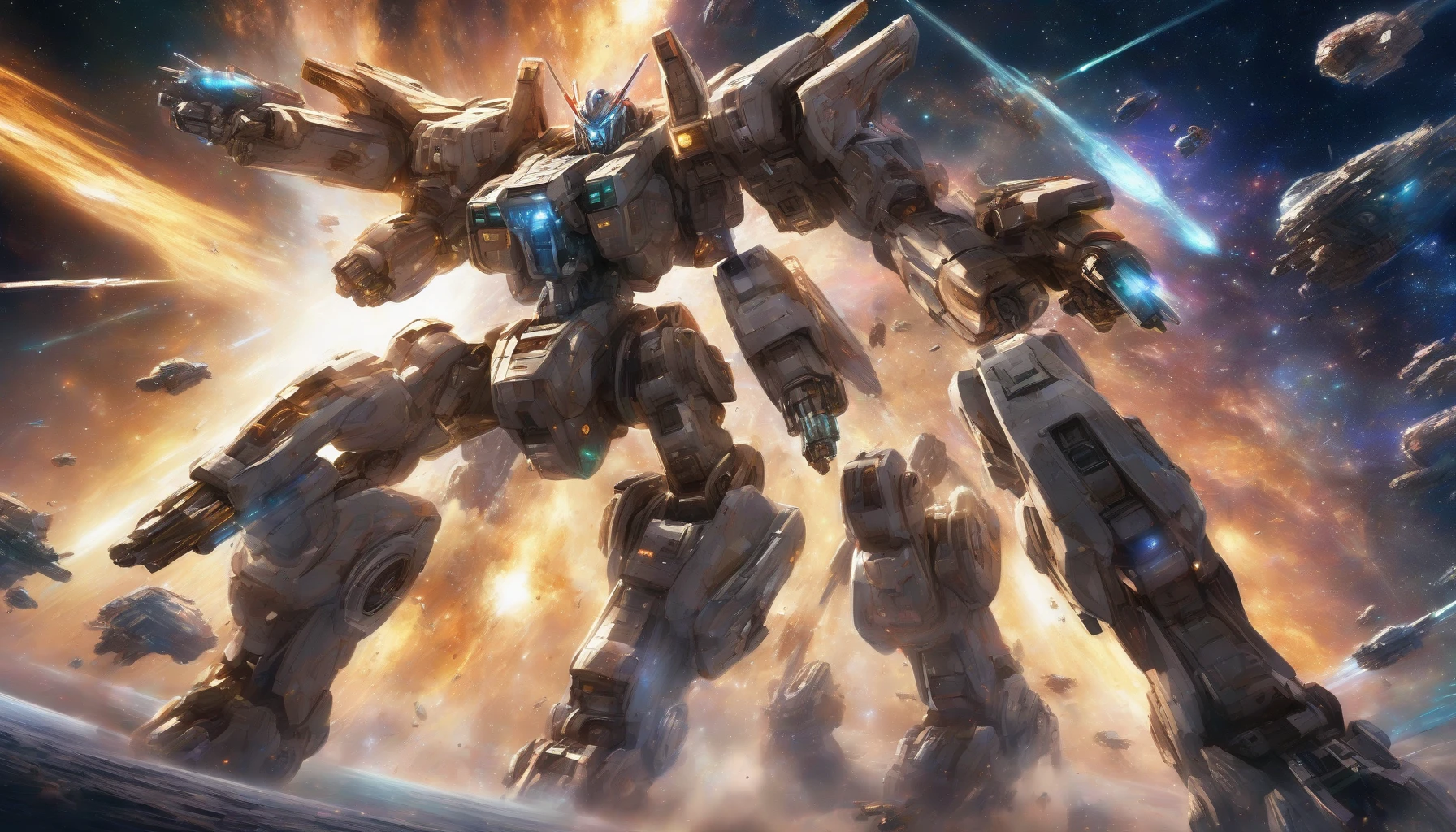 Two colossal mechas engage in an epic battle in the vastness of outer space, their metallic frames gleaming against a backdrop of swirling galaxies. Bright laser beams and explosions illuminate the scene, with stars twinkling like diamonds in the dark void. Pilots, clad in high-tech suits, control their machines with fierce determination, showcasing advanced technology and intricate details as they maneuver through asteroid fields, ready to unleash chaos.