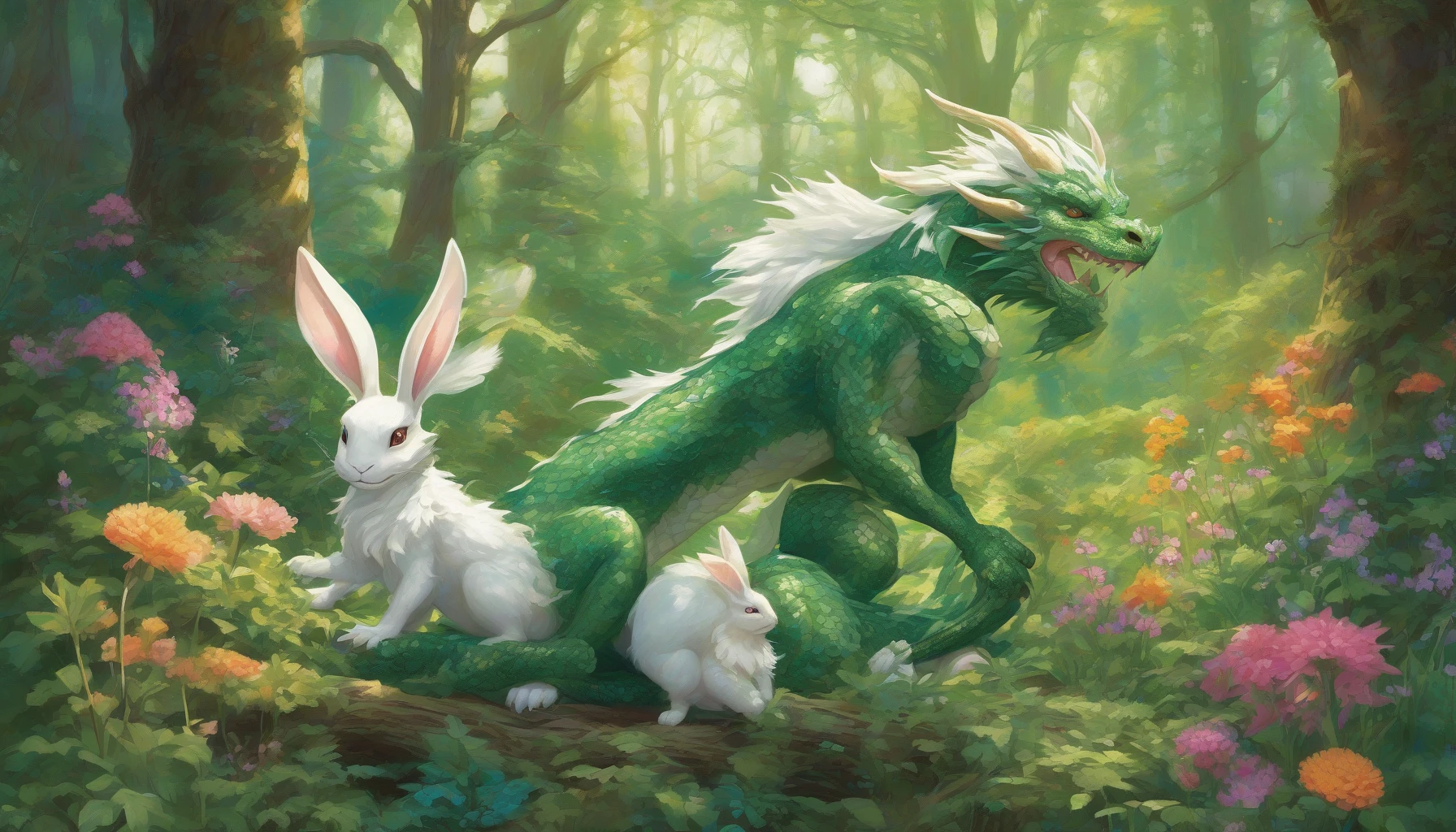 In a sunlit forest clearing, an unlikely duo—a fierce dragon with shimmering emerald scales and a timid rabbit with fluffy white fur—share a quiet moment. The dragon, perched protectively, gazes down at the rabbit as it curiously nibbles on a flower. Surrounding them, vibrant wildflowers bloom, and gentle rays of sunlight pierce through the leafy canopy above, illuminating the warmth of their newfound friendship.