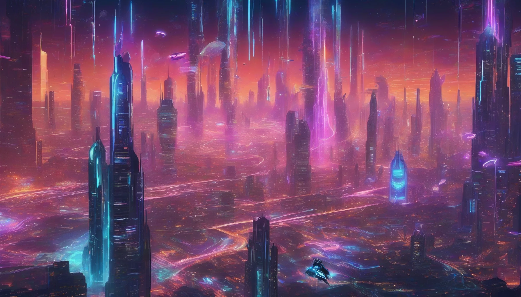 Dive into a vibrant sci-fi landscape where stunning holographic effects pulse with life. Neon skyscrapers tower above a bustling metropolis, while flying vehicles dart through the air, their trails of light leaving mesmerizing patterns. In the foreground, an enigmatic character with sleek futuristic armor interacts with a holographic interface, surrounded by floating data streams that reflect a blend of technology and artistry. The atmosphere buzzes with energy and adventure.