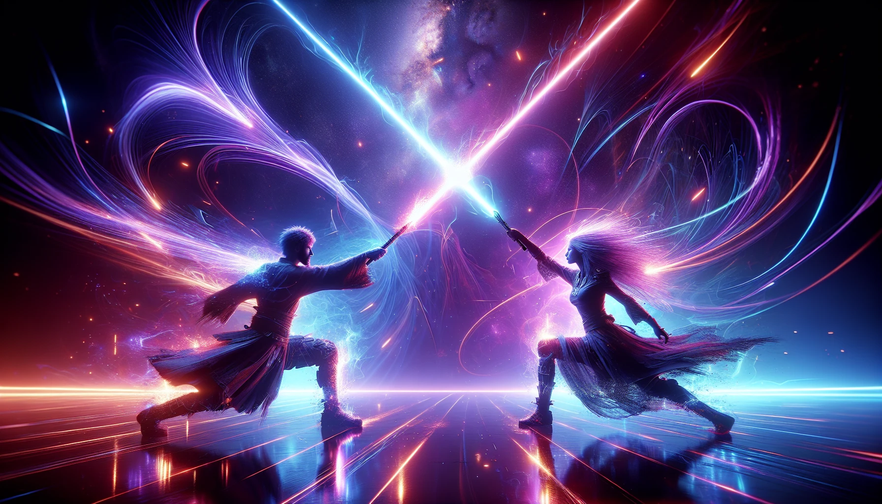 In a neon-lit arena, two warriors clash with laser swords, the air crackling with energy. As blades meet, vibrant sparks erupt in a dazzling display, illuminating their determined faces and reflecting in their fierce eyes. The backdrop is a swirling galaxy, casting swirling hues of purple and blue. Each movement is a dance of light and shadow, embodying the struggle between good and evil in a breathtaking, visually stunning spectacle.