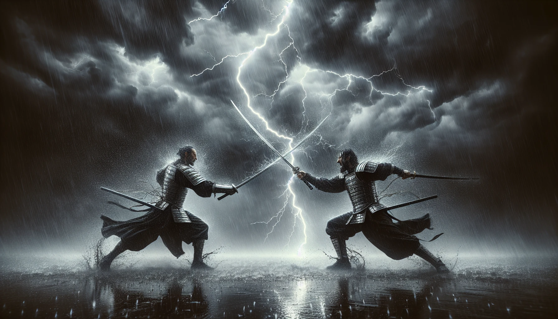 In the heart of a tempest, two skilled swordsmen face off, their steel glinting against the backdrop of swirling storm clouds. Raindrops cascade around them, dripping from their soaked armor as their blades clash, sending sparks flying into the air. The ground beneath is slick and muddy, reflecting the flashes of lightning that illuminate their intense expressions. Each movement is filled with tension, embodying the raw power of nature and man.