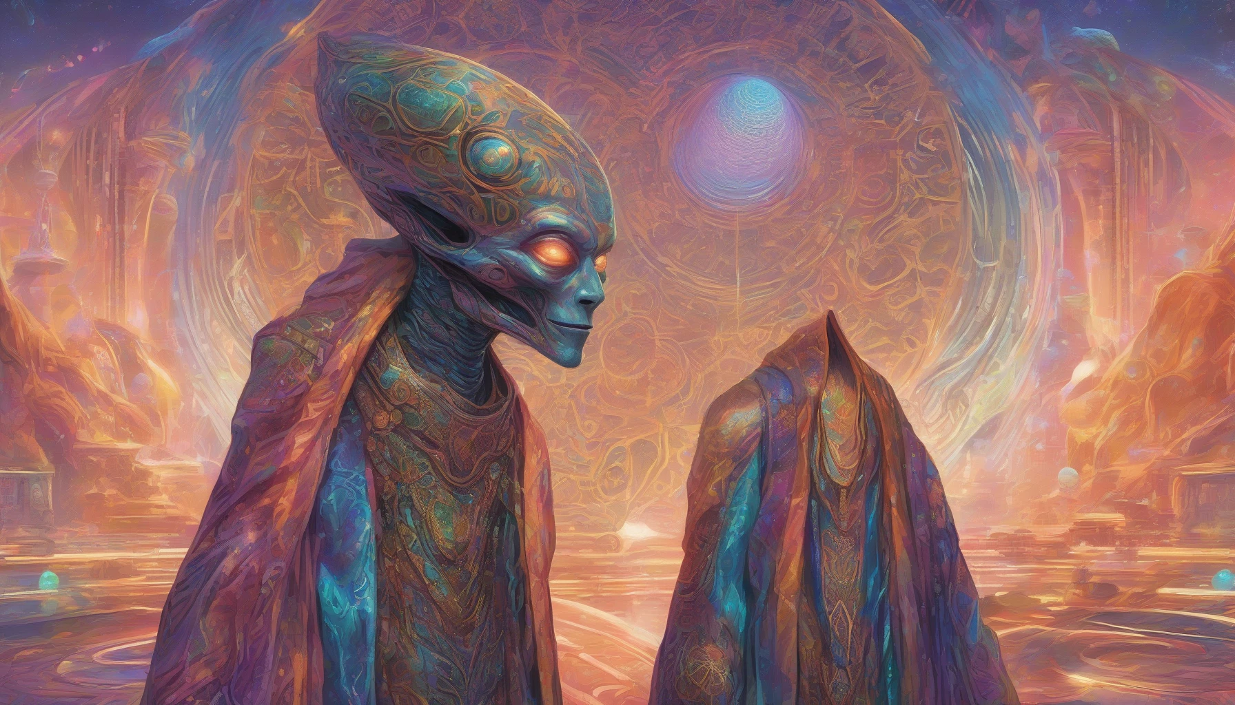 In a vibrant, otherworldly setting, an alien diplomat stands prominently, adorned in intricately designed robes that shimmer with iridescent patterns. The creature's elongated features and luminescent skin reflect the ambient light, creating an ethereal glow. Surrounding it, floating symbols and holographic displays convey messages of peace, while a backdrop of diverse planetary landscapes hints at the diplomat's mission of intergalactic unity and cooperation.