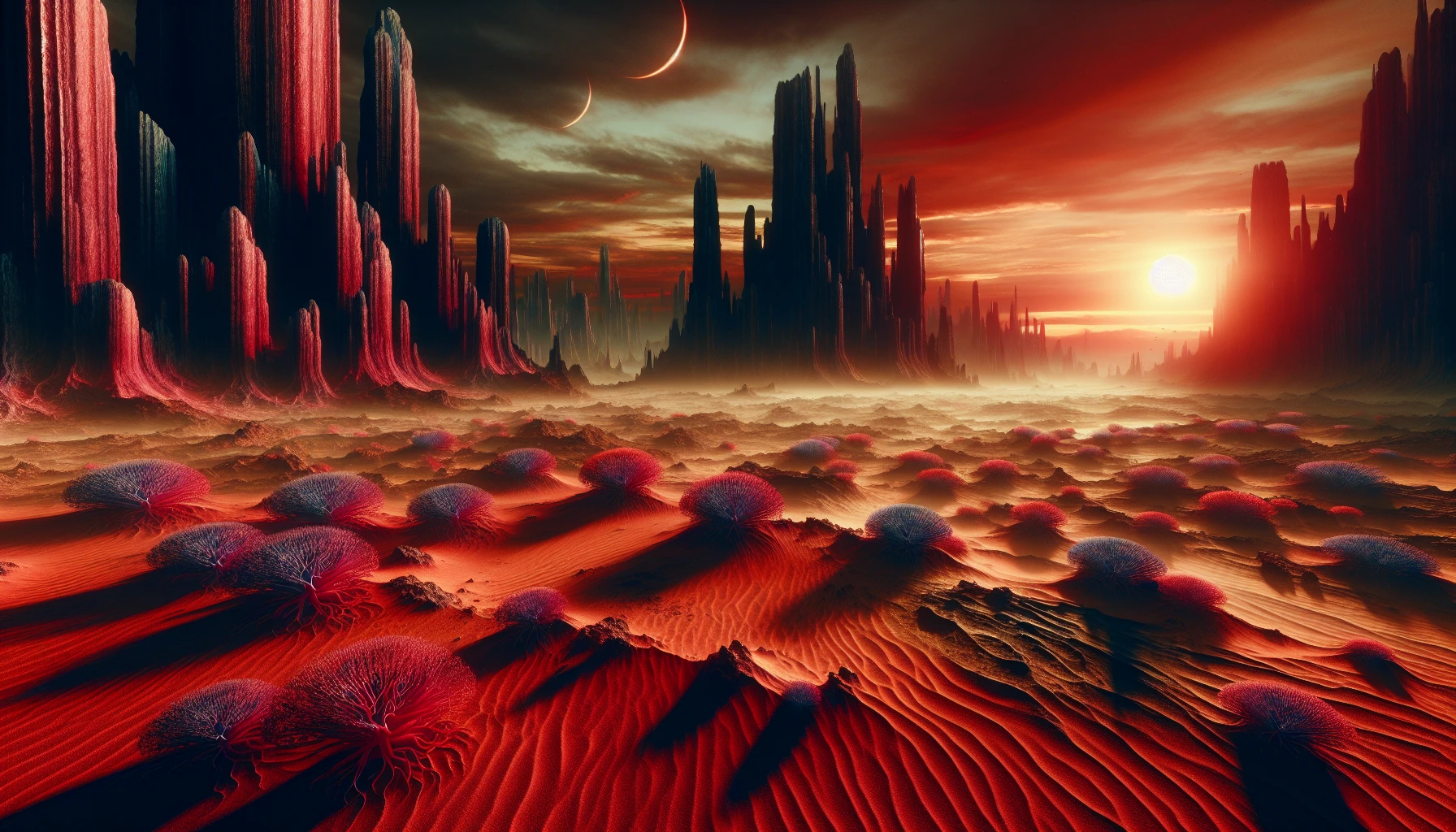 Immerse yourself in a surreal alien landscape where the ground is covered in vibrant, crimson sand that shifts under an otherworldly sky. Towering, twisted rock formations rise dramatically, casting eerie shadows. Unusual flora, resembling fire and ice, sprouts defiantly from the barren earth. In the distance, two suns hover on the horizon, bathing the scene in a haunting glow, evoking both beauty and desolation.