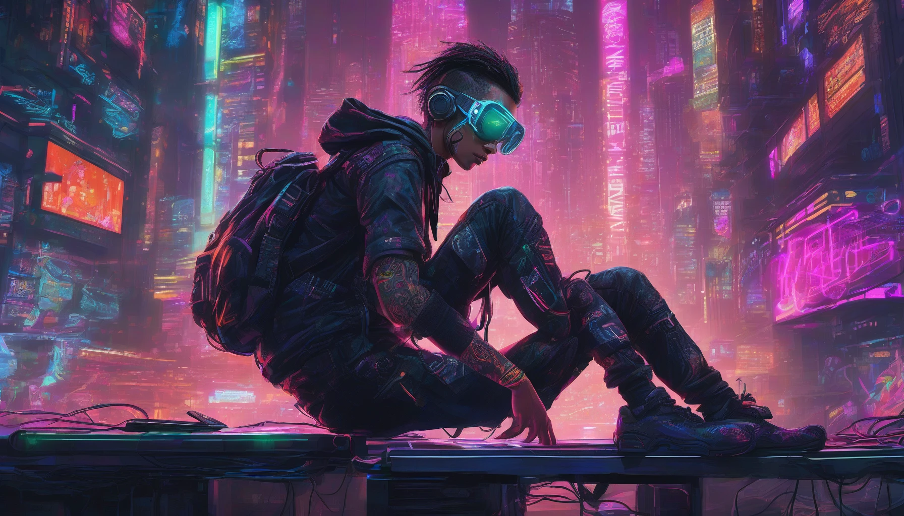 In a dimly lit urban landscape, a cyberpunk hacker crouches over a futuristic keyboard, illuminated by vibrant neon lights. Their glowing goggles reflect a cascade of digital data, while tattoos of circuit patterns snake up their arms. The air hums with electric energy, and the backdrop reveals towering skyscrapers, holographic advertisements, and flying drones, encapsulating the essence of a high-tech, dystopian world.