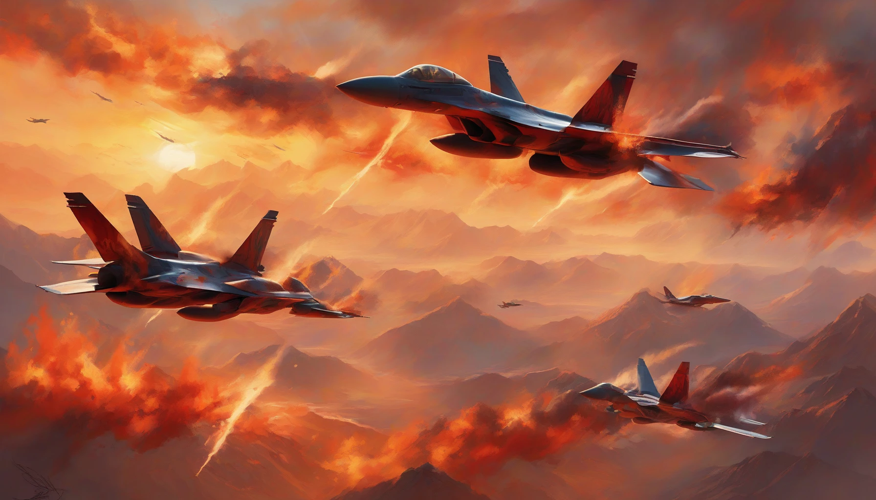 A dramatic scene unfolds as sleek fighter jets soar through a vivid, fiery landscape. Brilliant orange and red flames lick the ground, illuminating the smoke-filled sky. The sun sets behind jagged mountains, casting a golden hue that contrasts against the chaos below. Each jet, adorned with dynamic markings, streaks through the turbulent air, leaving trails of vapor as they navigate this surreal, explosive battlefield.