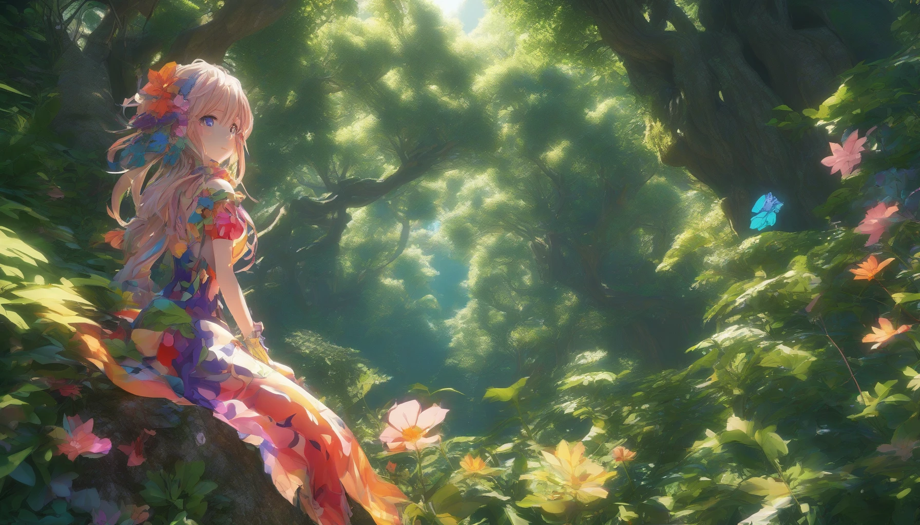 Imagine a vibrant scene where a stunning 3D-rendered anime character stands in a lush, sun-drenched forest. The character’s bold, colorful outfit contrasts beautifully with the intricate, realistic textures of the surrounding trees and flowers. Sunlight filters through the leaves, casting dappled shadows on the character's smooth skin, while a gentle breeze ruffles their hair, blending fantasy with lifelike detail in a captivating harmony.