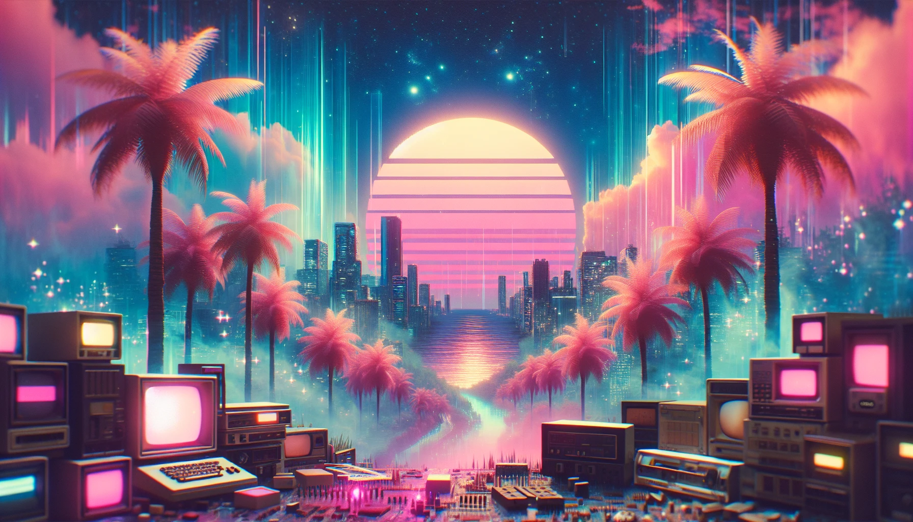 Immerse yourself in a vibrant, surreal landscape where neon colors collide with retro aesthetics. Picture a cityscape bathed in soft pinks and electric blues, with palm trees swaying under a pixelated sunset. Glitch art cascades through the scene, and vintage electronics scatter the foreground. Captured in a dreamlike haze, this artwork invites you to wander through a nostalgic, digital utopia that defies time and reality.