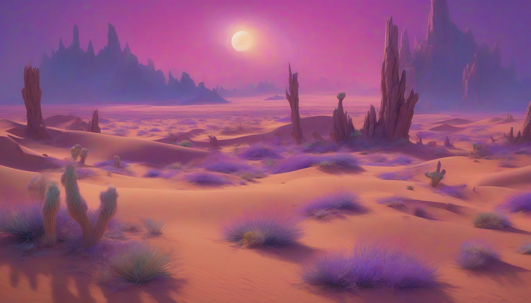 In a vast, otherworldly desert, shimmering sands stretch endlessly beneath a violet sky. Towering crystalline structures rise majestically from the ground, each facet refracting ethereal light into a spectrum of colors. Strange flora, adapted to the harsh environment, blooms amidst the dunes, adding pops of iridescent hues. In the distance, two moons hang low, casting surreal shadows over the landscape, as a faint breeze whispers secrets of the cosmos.