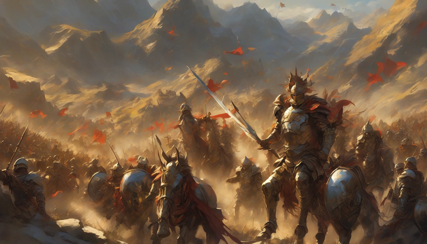 In a breathtaking scene, valiant warriors clad in vibrant armor stand resolute on a rugged hillside, their fierce expressions reflecting unwavering determination. The sun casts a golden glow, illuminating the banners of their kingdom fluttering in the wind. Below, a shadowy, chaotic army approaches, poised to invade. The air is thick with tension, as the defenders, united and brave, prepare to protect their cherished land at all costs.