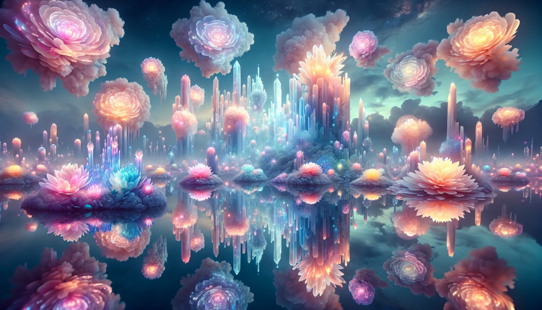 Imagine a fantastical scene where ethereal, luminescent crystal gardens float gracefully in a twilight sky. Each garden is adorned with vibrant, glowing flowers that seem to pulse with life. Surrounding them, wispy clouds shimmer with soft pastel hues, reflecting the kaleidoscopic colors of the crystals. Below, a serene lake mirrors this surreal spectacle, creating a harmonious sanctuary of beauty and tranquility, inviting viewers to lose themselves in its enchanting allure.