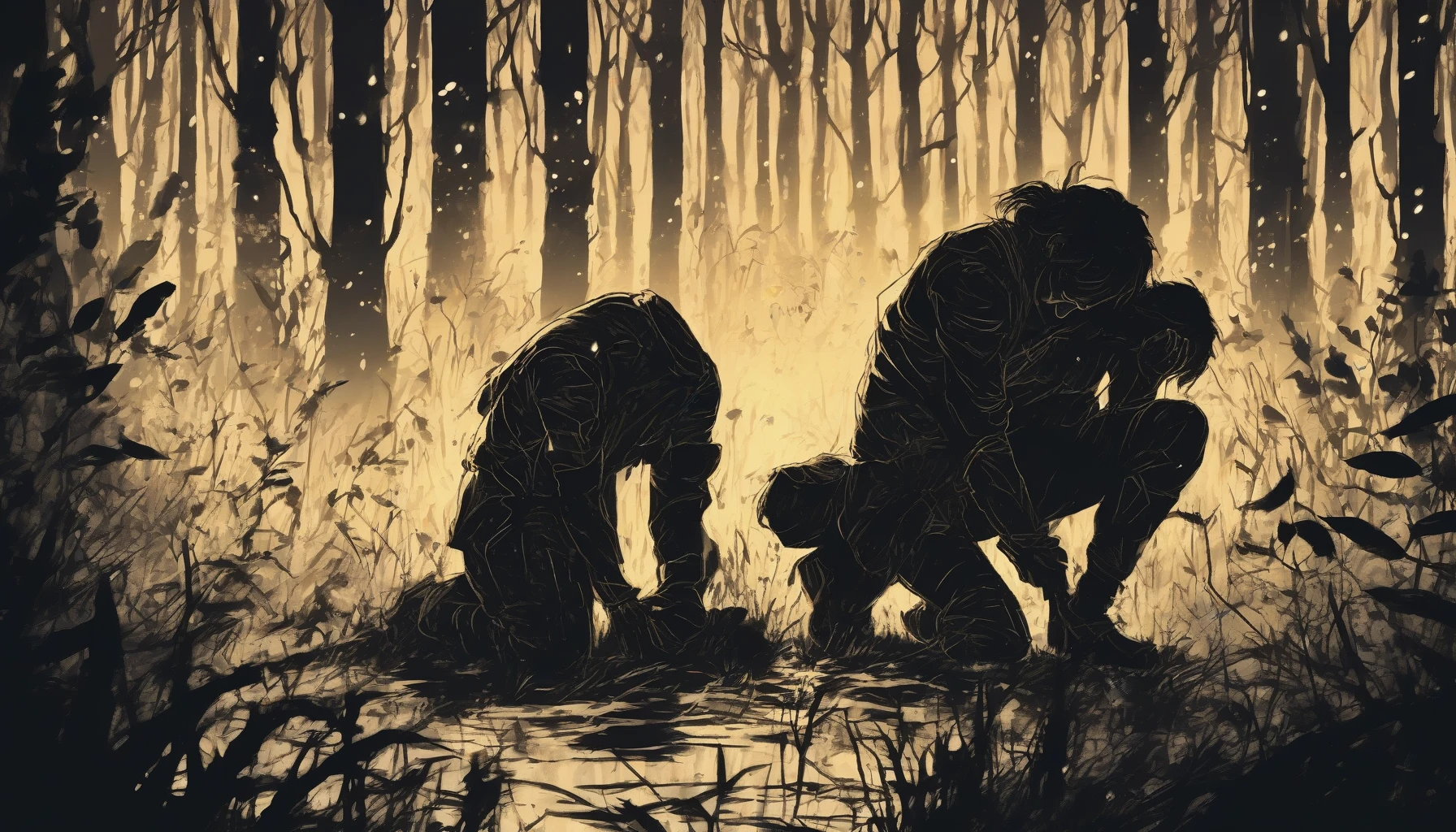 In a dimly lit forest, a hero kneels with anguish etched across their face, clutching a lifeless friend in their arms. The air thick with sorrow, vibrant fireflies dance around, illuminating the scene with a bittersweet glow. Behind them, dark silhouettes loom, symbolizing the lurking dangers faced. A single tear trails down the hero's cheek, capturing the profound weight of sacrifice and the unbreakable bonds of friendship in the face of adversity.