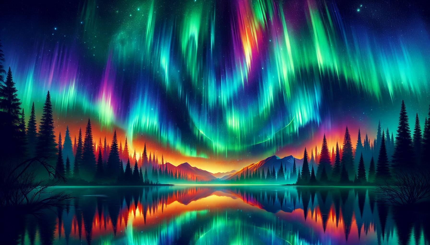 A breathtaking scene unfolds as vivid, swirling auroras dance across the night sky, their vibrant colors intertwining to create mesmerizing geometric patterns. Shades of emerald green, deep violet, and fiery orange merge in a celestial tapestry, reflecting on a serene lake below. Silhouetted pine trees frame the edges of the image, while the tranquil water mirrors the ethereal spectacle above, invoking a sense of wonder and harmony with nature.