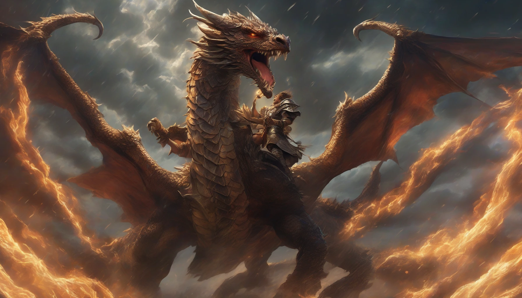 In a vibrant fantasy world, a fierce beast tamer stands confidently amidst a swirling storm, their loyal dragon companion soaring through the skies above. The tamer, clad in rugged leather armor adorned with mystical symbols, reaches out with one hand, while the dragon's majestic wings cast dramatic shadows on the ground. Breathtaking flames flicker from its mouth, illuminating the bond between them as they prepare for an epic adventure.