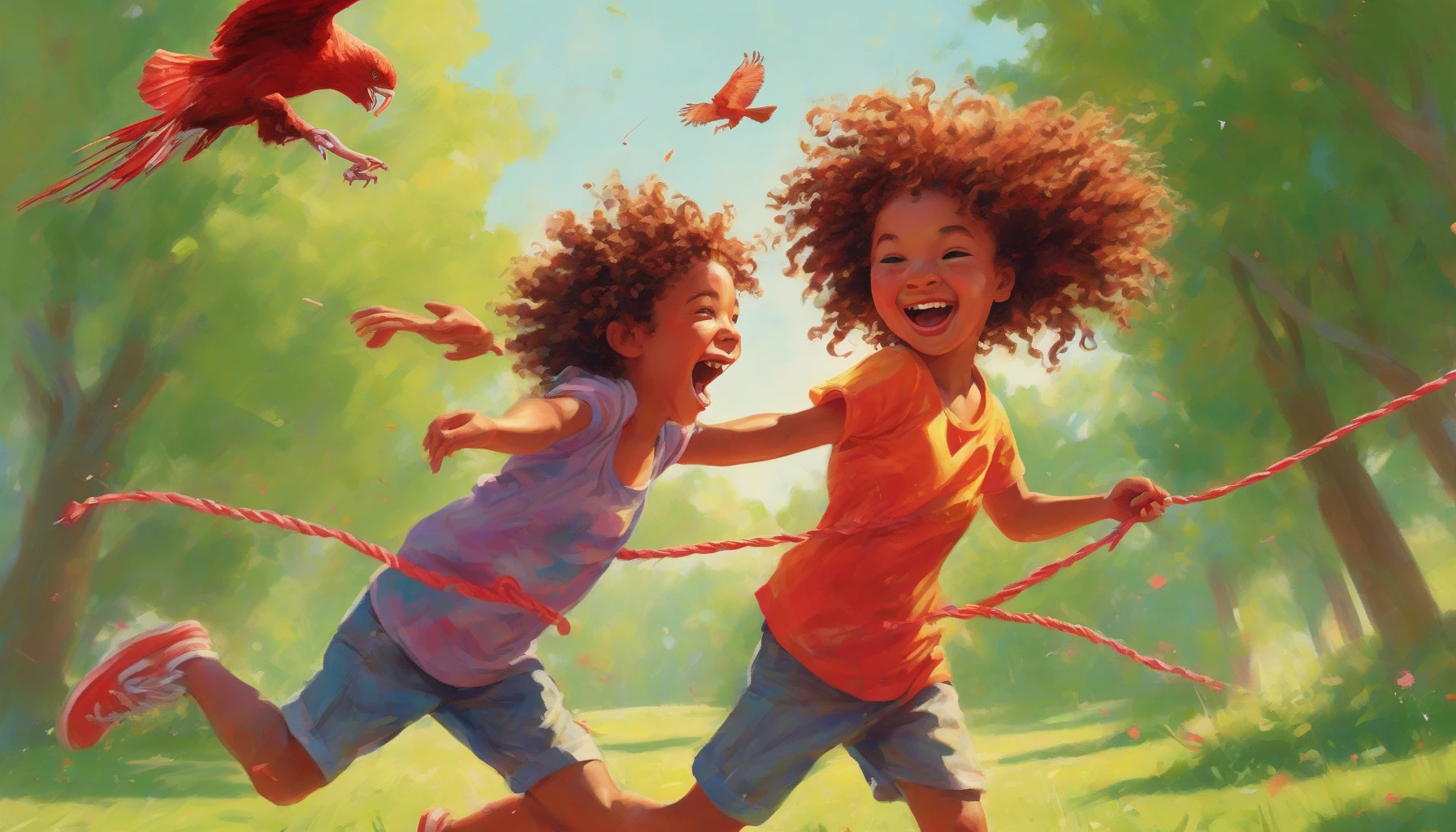 A vibrant scene captures two childhood friends in a sun-drenched park, engaged in a playful tug-of-war over a bright red kite, laughter ringing through the air. One friend, with wild curly hair and freckles, playfully sticks their tongue out, while the other, with braided pigtails and a mischievous grin, pulls back with determination. The lush green grass and colorful flowers frame their joyous camaraderie, evoking nostalgia and innocence.