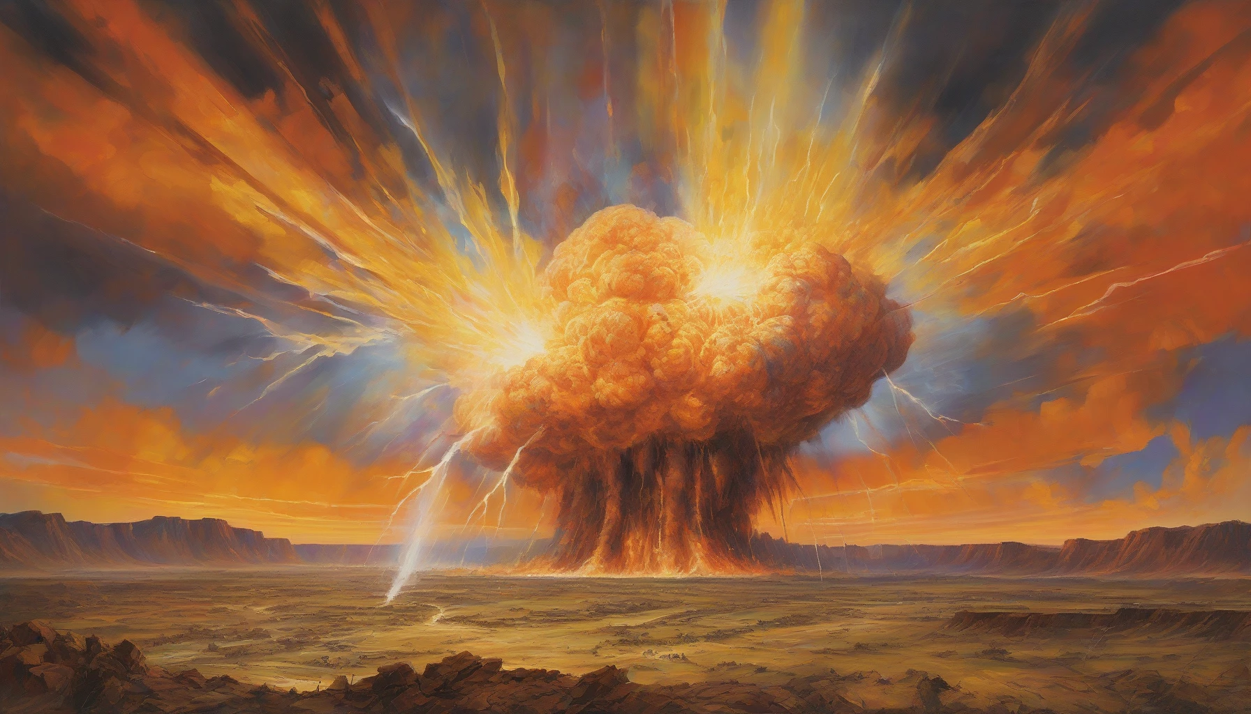 Visualize a monumental nuclear explosion captured at the moment of detonation, where a blinding, radiant light radiates outward, engulfing the landscape. The shockwaves ripple through the air, distorting the surrounding environment with an electrifying energy. Fractured remnants of nature and civilization tumble in the foreground, painted against a dramatic sky illuminated by vibrant hues of orange and yellow, conveying both awe and terror in this surreal yet poignant scene.