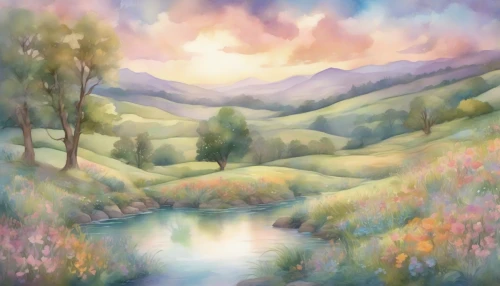 Create a mesmerizing image of a whimsical landscape painted in soft watercolor strokes. Envision rolling hills draped in vibrant wildflowers, a serene river winding through the scene, and fluffy clouds reflecting pastel hues of sunset. Include delicate trees swaying gently in an imagined breeze, with hints of magical creatures peeking through the foliage, immersing viewers in an enchanting, dreamlike world.