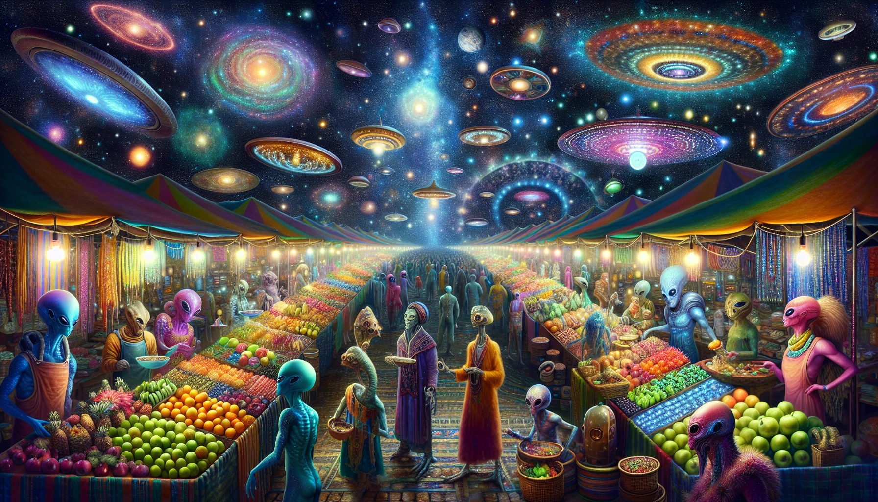 Immerse yourself in a vibrant scene of a bustling galactic market, where alien vendors display exotic goods under a canopy of twinkling stars. Stalls brimming with colorful interstellar fruits, shimmering fabrics, and advanced tech gadgets create a kaleidoscope of sights. Various extraterrestrial beings barter and converse, their unique features and attire reflecting diverse cultures. The air buzzes with energy, laughter, and the tantalizing aromas of cosmic cuisines wafting through the crowd.