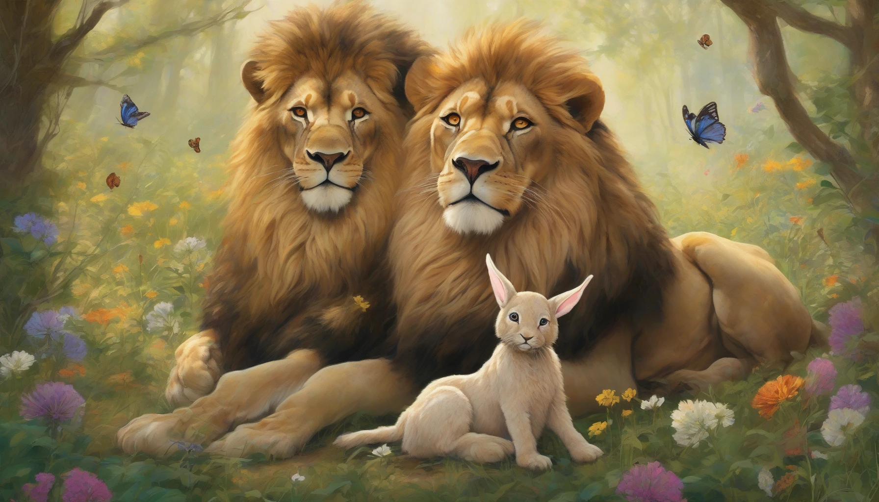 In a vibrant forest clearing, a fierce lion and a timid rabbit share an unexpected bond, sitting side by side under the dappled sunlight. The lion, majestic and regal, gazes softly at his small companion, while the rabbit, with wide, trusting eyes, leans against the lion's powerful paw. Wildflowers bloom around them, symbolizing their friendship, as delicate butterflies flutter above, capturing a moment of tranquility and unity in diversity.