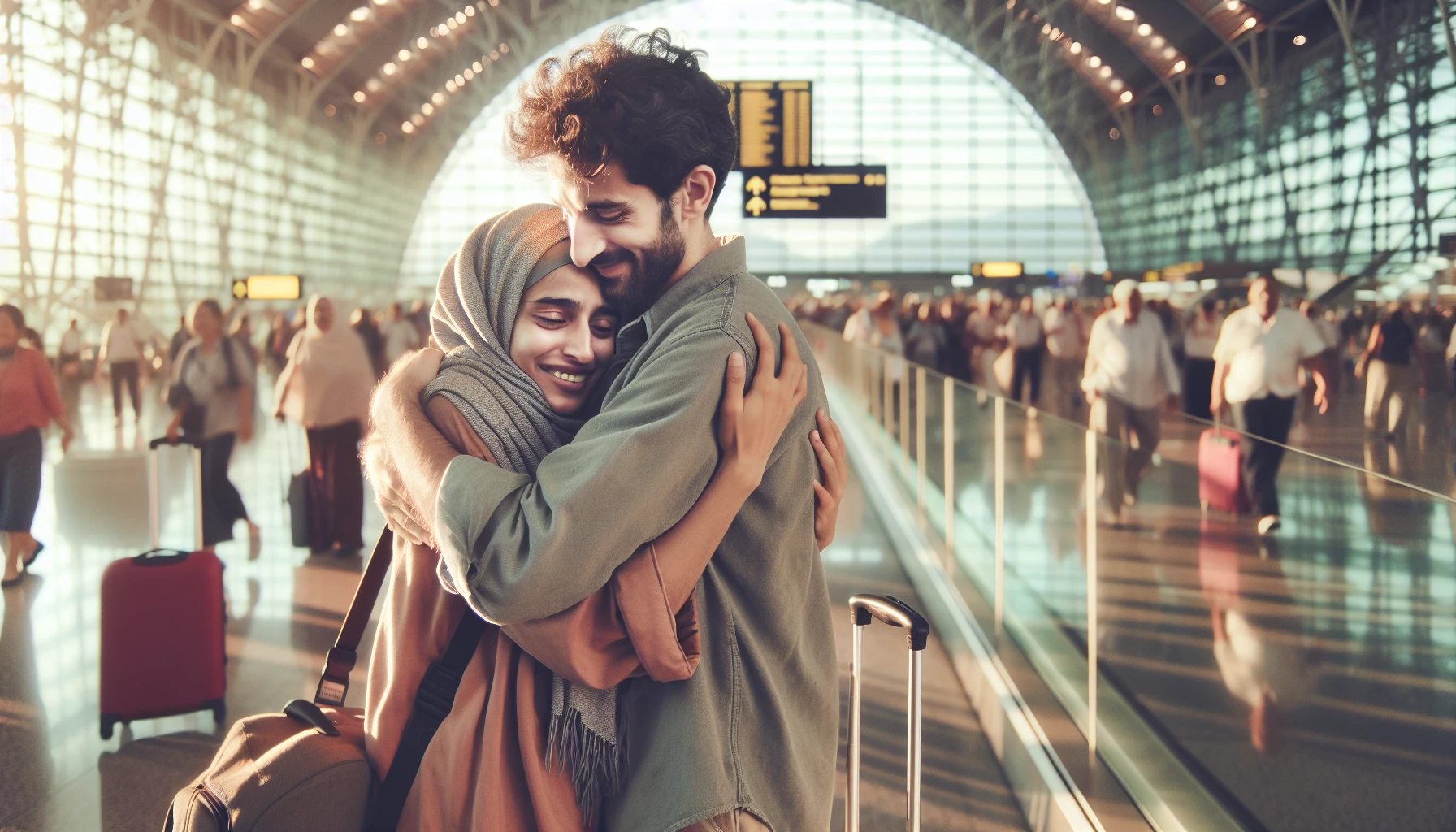 Imagine a scene unfolding at a bustling airport, where a weary traveler is enveloped in a warm, heartfelt hug from a loved one. The glow of joyous reunions surrounds them, with soft light filtering through large glass windows. Emotion paints their faces, capturing relief and love in this poignant moment of connection. Luggage rests forgotten as they share this long-awaited embrace, symbolizing comfort after a long journey.