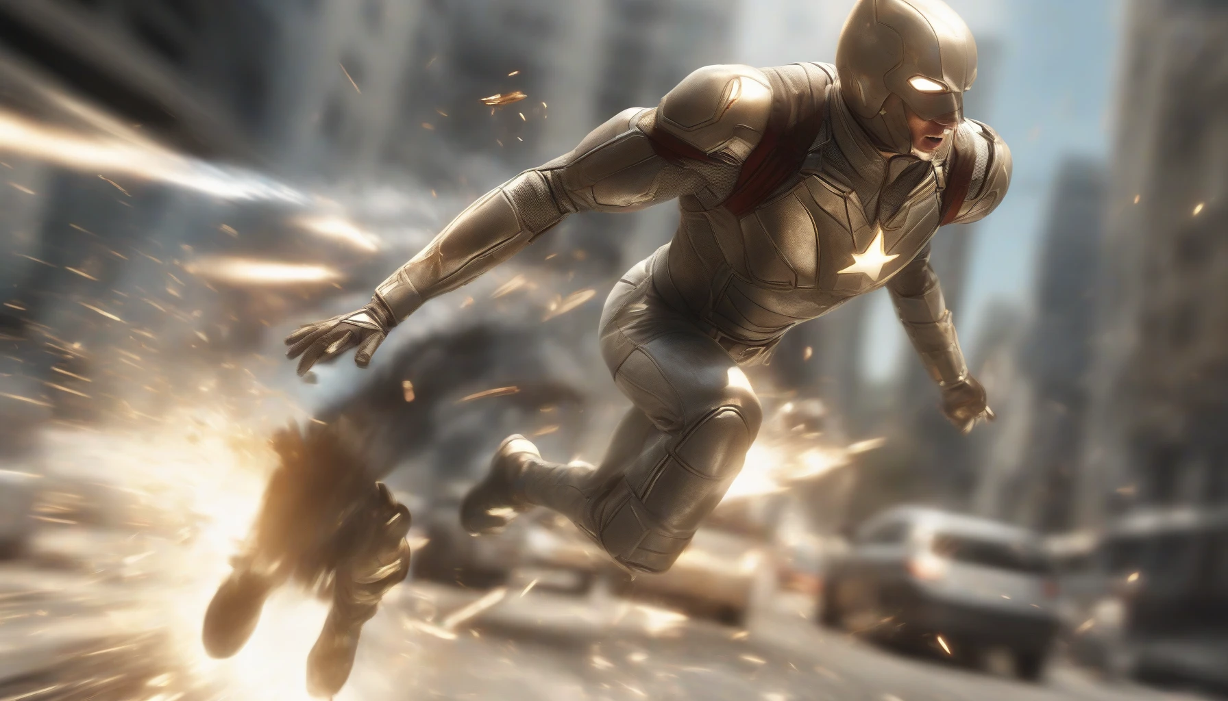 Capture a dynamic scene showcasing a hero in slow motion, gracefully dodging a speeding bullet. The background blurs with motion, emphasizing the intensity of the moment. Sunlight glints off the metallic surface of the bullet, while the character's expression is one of focus and determination. Their outfit flutters in the wind, adding to the drama, as dust particles hang in the air, illuminating the tension of this breathtaking escape.