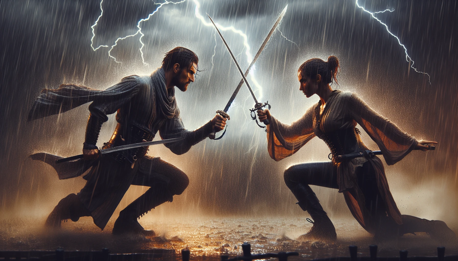 Two skilled swordsmen, their blades glinting menacingly, clash in a tempestuous downpour. The rain cascades around them, creating a dramatic backdrop as droplets splatter into mud. Lightning illuminates their determined faces, revealing fierce concentration in their eyes. The air is charged with tension, and each strike echoes like thunder, while swirling gusts of wind add a chaotic energy to the breathtaking scene.