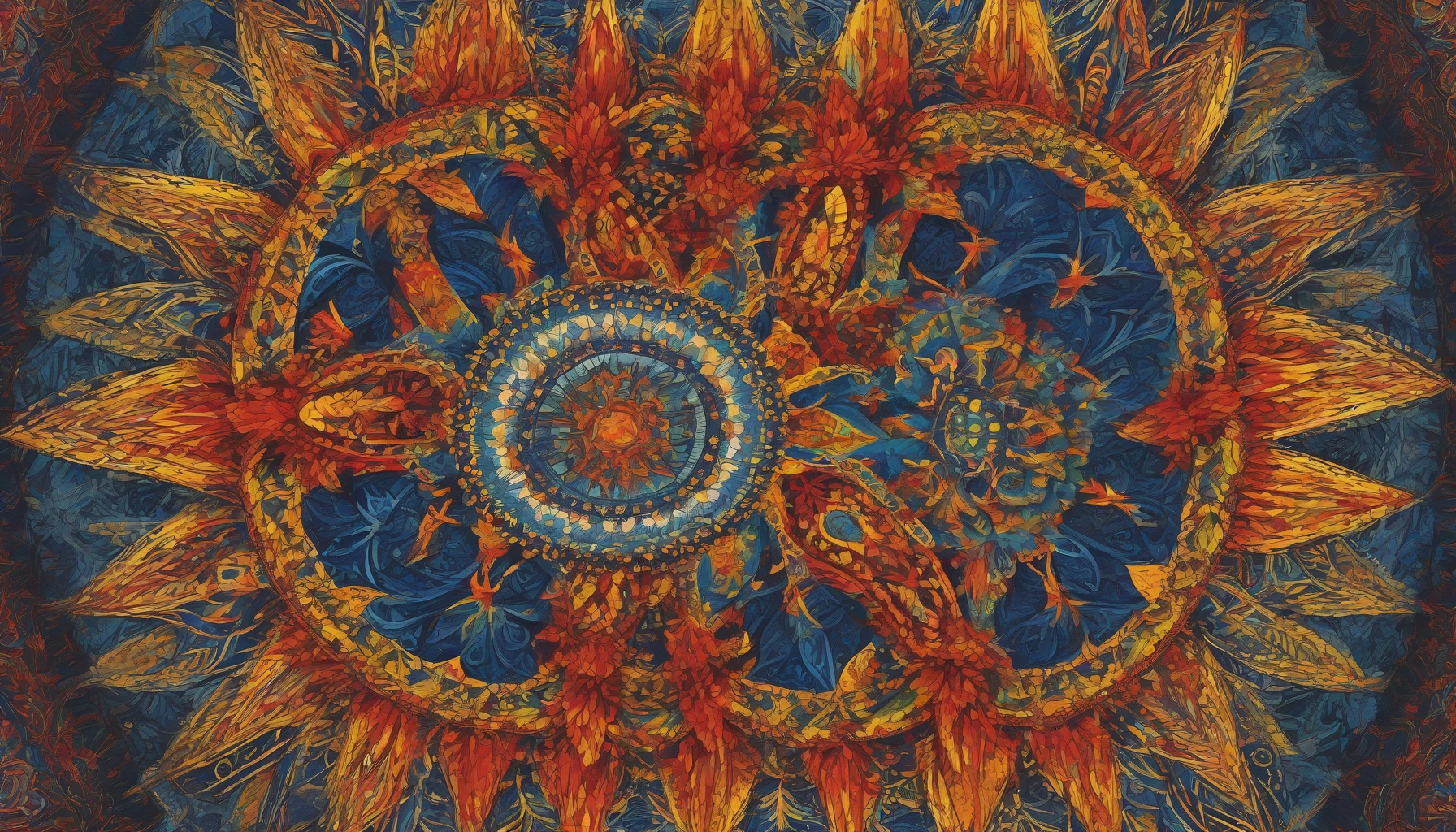 Create a stunning visual of a symmetrical mandala adorned with vibrant colors that radiate energy and harmony. The intricate patterns should weave together in a mesmerizing design, showcasing a blend of deep blues, fiery reds, and bright yellows. Each segment should draw the eye inward, inviting viewers to explore the layers of detail, while the overall composition exudes a sense of balance and tranquility.