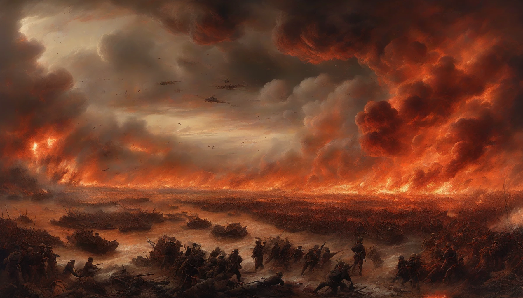 Picture a sprawling battlefield under a tumultuous sky, where a colossal explosion erupts, casting brilliant waves of fiery orange and deep crimson across the horizon. Smoke billows upward, swirling like dark, ominous clouds, while soldiers caught in the chaos react with awe and fear. In the foreground, debris flies through the air, illuminated by the explosive light, creating a stark contrast against the shadows of destruction.