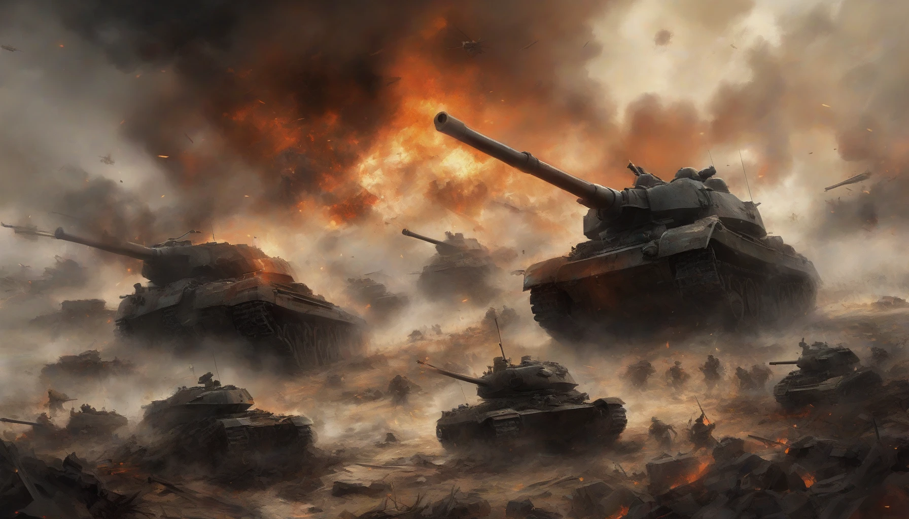 Immerse yourself in a dramatic battlefield scene, where imposing tanks roll through billowing clouds of smoke. The ground trembles under the weight of mechanized giants, while distant explosions light up the sky with flashes of orange and red. A haunting silence is momentarily pierced by the sounds of battle, creating a visceral experience of war's intensity and destruction that grips the viewer's senses.