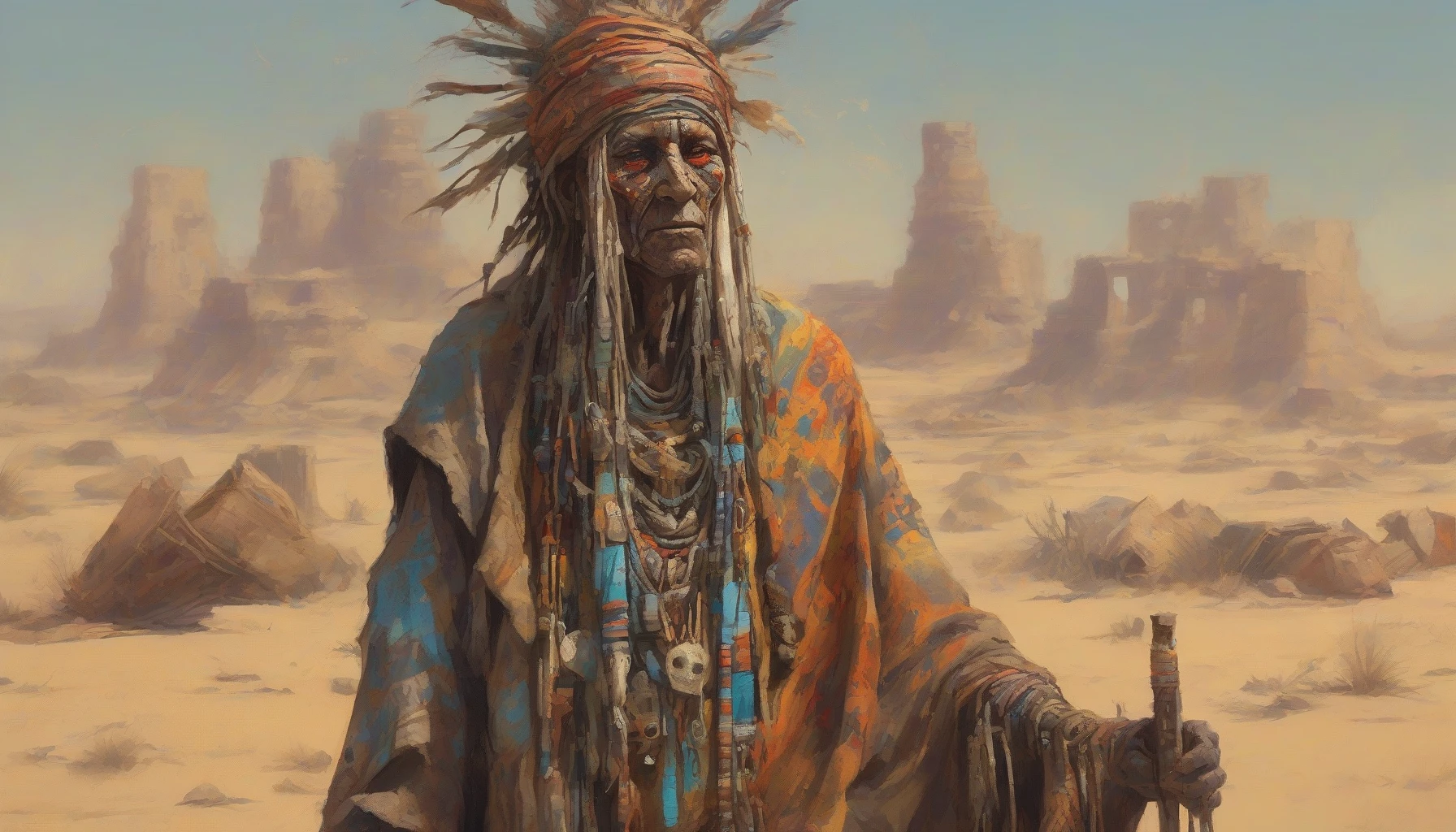 In a vast, desolate desert where the sun scorches the cracked earth, a mystical shaman stands tall. Clad in tattered, colorful robes adorned with tribal patterns, their eyes glimmer with ancient wisdom. Surrounding them are remnants of a lost civilization—rusted relics and crumbling structures half-buried in sand. Ethereal spirits swirl in the air, creating a surreal contrast against the barren landscape, as the shaman channels the secrets of the earth.