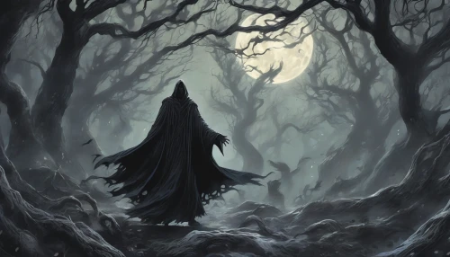 In a shadowy, mystical forest, a dark mage stands cloaked in flowing black robes, arms outstretched as he summons eerie shadow creatures around him. Wisps of dark energy swirl in the air, coalescing into sinister forms, their eyes glowing faintly. The full moon casts an ominous light, illuminating ancient runes etched into the ground. The atmosphere is thick with tension, hinting at the dark power about to be unleashed.