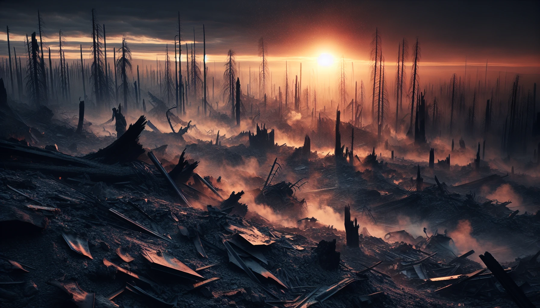 Envision a desolate landscape where charred earth meets scattered debris from a recent explosion. Thick, acrid smoke hovers in the air, blending with ash that gently falls like black snow. Jagged metal fragments and scorched remnants litter the ground, while fractured trees stand as ghostly silhouettes against a fiery sunset. The scene captures a haunting beauty, evoking both destruction and resilience in nature's aftermath.