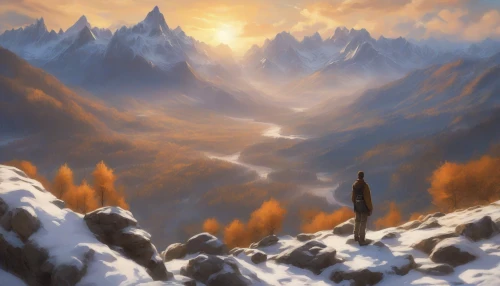 A lone traveler stands on a rocky outcrop, eyes wide with wonder as they gaze at the sprawling valley below. Towering peaks dusted with snow rise majestically against a cerulean sky, while a golden sun sets on the horizon, casting warm hues across the landscape. Lush forests and winding rivers punctuate the scene, inviting a deep sense of peace and connection to nature in this awe-inspiring moment.