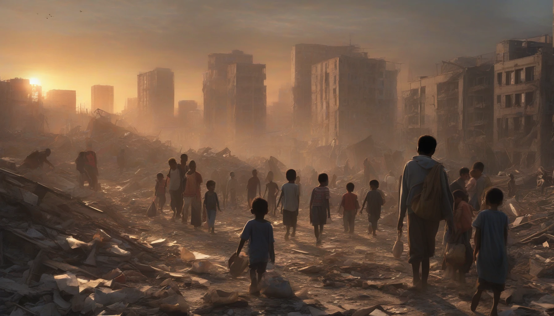 Amid the ruins of a once-thriving metropolis, a group of weary refugees moves through the debris, their faces etched with despair and determination. The sun dips low, casting long shadows as they clutch their meager belongings, while distant flames flicker against a backdrop of crumbling skyscrapers. A child clings to their parent, embodying both vulnerability and hope in a world turned chaotic. This poignant moment captures the resilience of the human spirit.