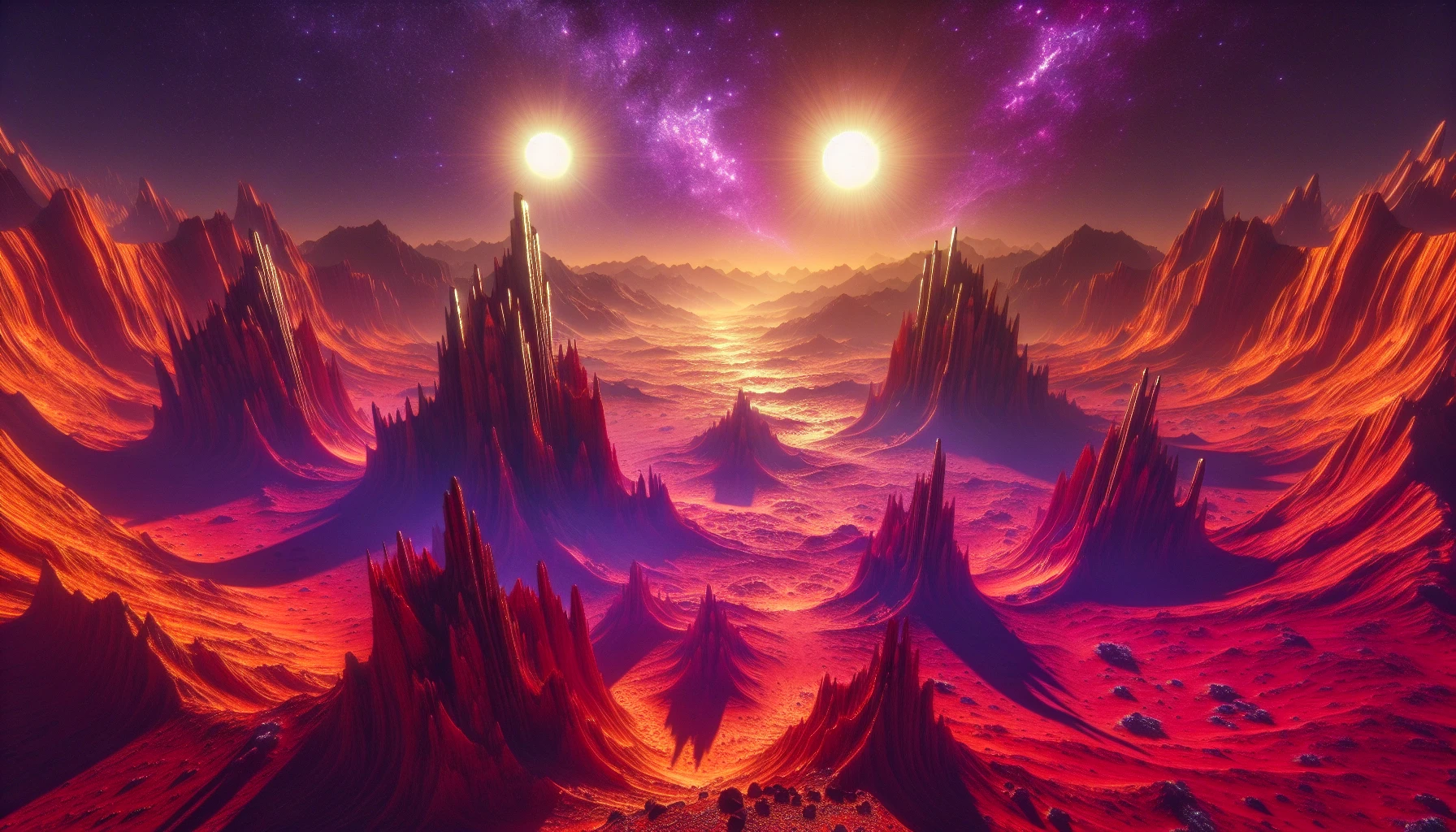 Picture a barren landscape on an alien planet, where vibrant red sand stretches endlessly beneath a swirling violet sky. Jagged rock formations rise like ancient sculptures, their surfaces glistening with iridescent minerals. Shadows dance across the terrain as two suns cast an otherworldly glow, illuminating the strange flora that clings to life in this harsh environment. A haunting serenity envelops the scene, inviting exploration of its mystique.