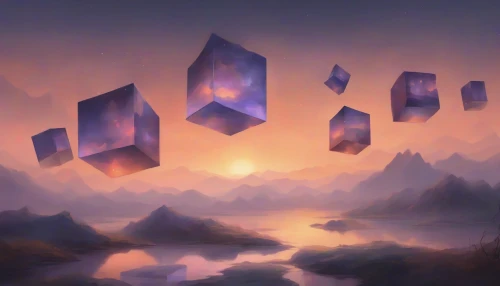 Imagine a serene, twilight landscape where ethereal cubes hover gracefully in the air, each one radiating a gentle, warm glow. Their surfaces glimmer with shifting colors, casting intricate shadows on the ground below. Surrounding them, a soft mist envelopes the scene, enhancing the magical ambiance. In the background, distant mountains silhouette against the fading light, creating a captivating harmony of nature and light.