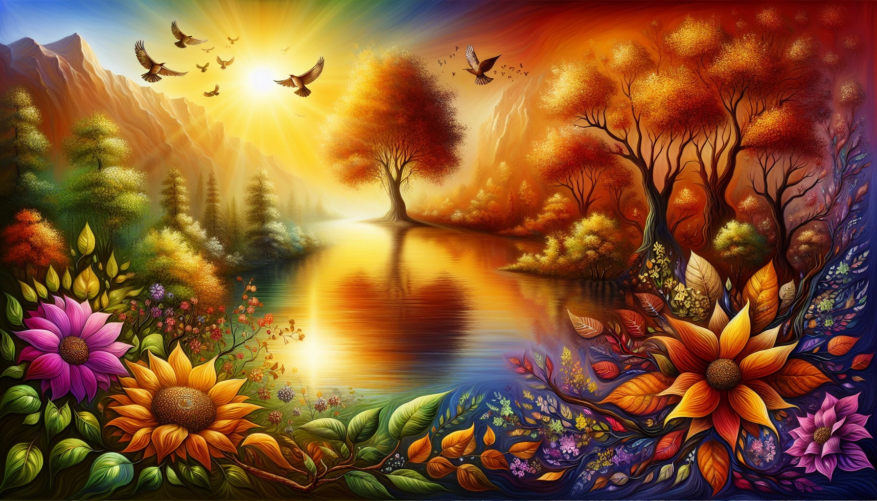 Imagine a serene landscape where each element, from vibrant flowers to towering trees, embodies deeper meanings—hope, strength, and unity. A golden sun casts a warm glow over a tranquil lake, reflecting the rich colors of autumn. Birds soar above, symbolizing freedom, while intricate patterns of leaves weave stories of growth and renewal. This captivating scene invites viewers to explore the interconnectedness of nature's symbols and their profound significance.