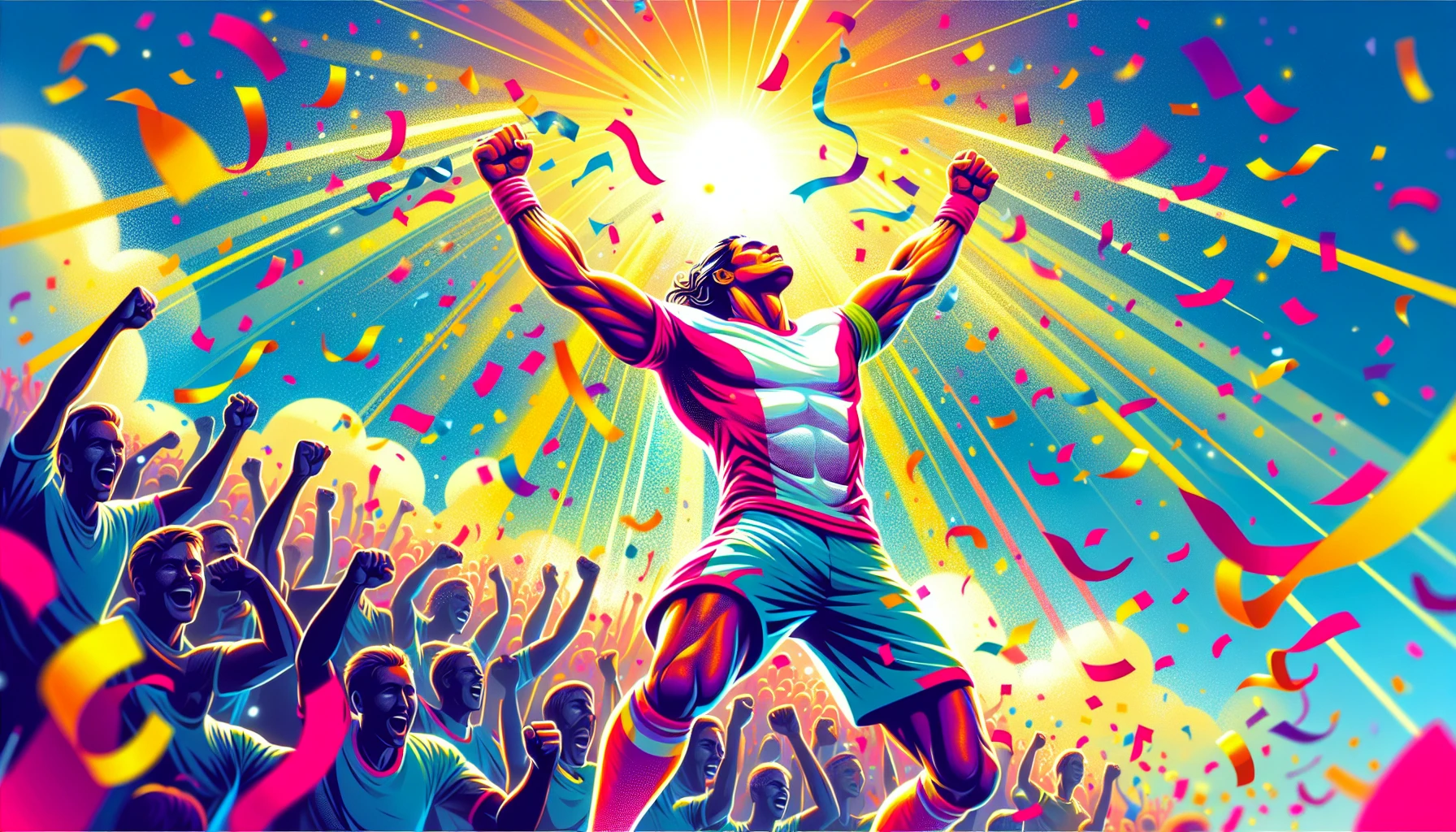 Capture the exhilarating moment of triumph as a determined athlete, dressed in vibrant sports gear, throws their arms wide open under a brilliant sun. Confetti rains down, painting the scene with bursts of color, while a crowd of jubilant fans erupts in cheers. The athlete’s face radiates pure joy, embodying the culmination of hard work and relentless perseverance, inviting viewers to feel the electric energy of success.