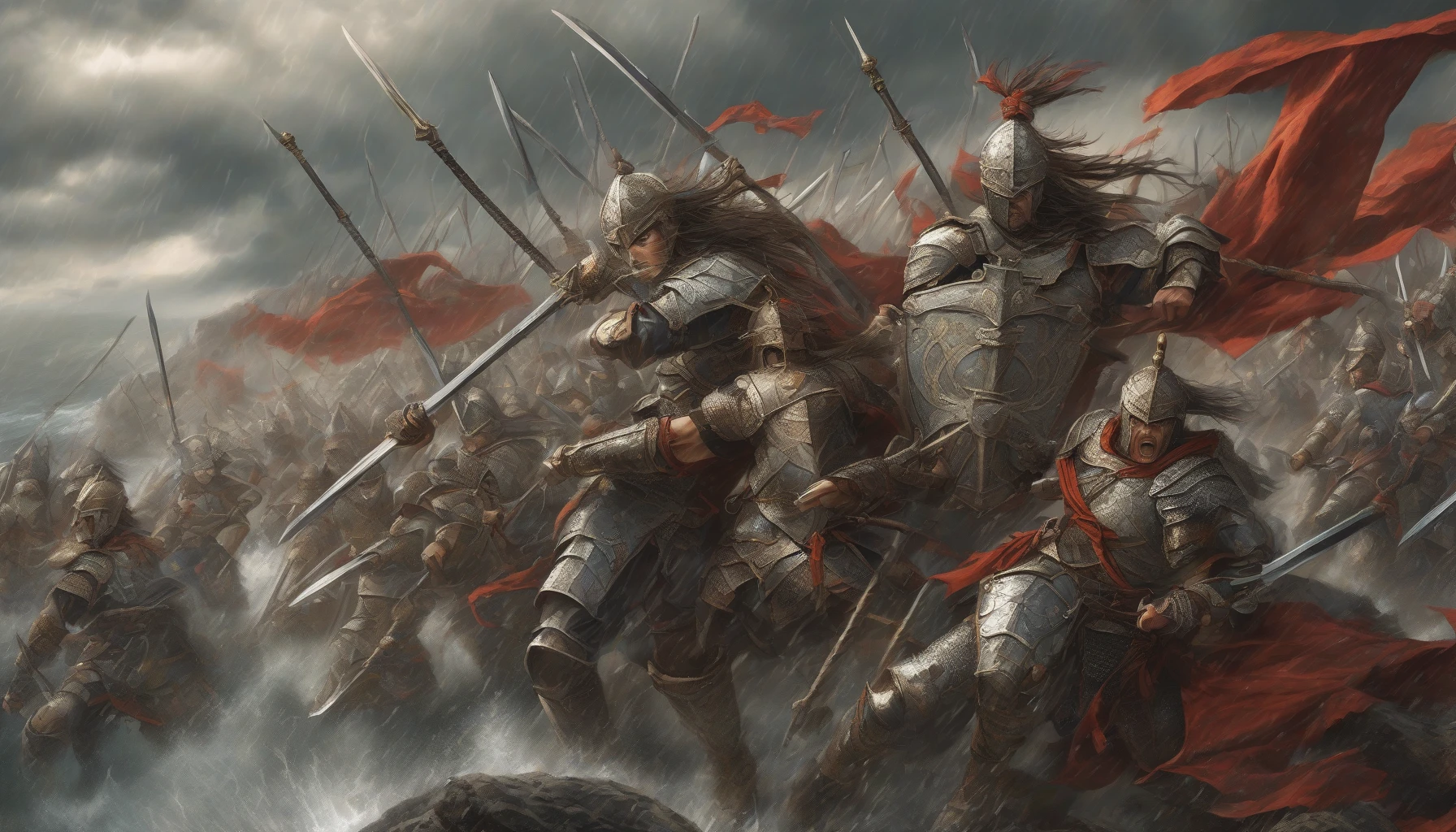 Picture a dramatic scene unfolding on a rugged cliffside as valiant warriors, clad in intricately detailed armor, prepare for battle against a massive invading army. Their faces are resolute, reflecting courage and determination against a backdrop of stormy skies. Banners flutter fiercely in the wind, and the clash of swords echoes as these defenders unite, ready to protect their homeland from overwhelming odds.