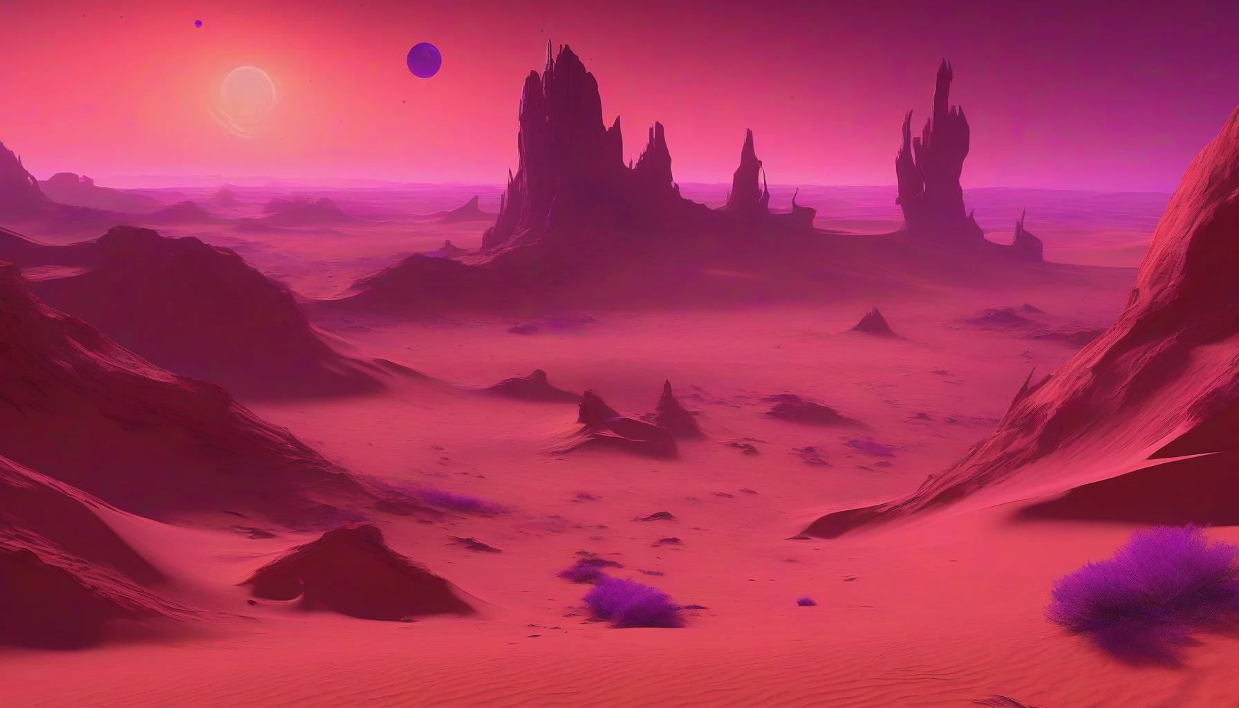 Immerse yourself in a breathtaking vista of a deserted alien planet, where rolling dunes of crimson sand stretch endlessly under a swirling violet sky. Odd rock formations rise dramatically from the barren ground, resembling ancient ruins of a forgotten civilization. Thin, twisted trees with luminescent leaves dot the horizon, casting eerie shadows. The atmosphere buzzes with a subtle energy, hinting at the mysteries hidden within this otherworldly terrain.