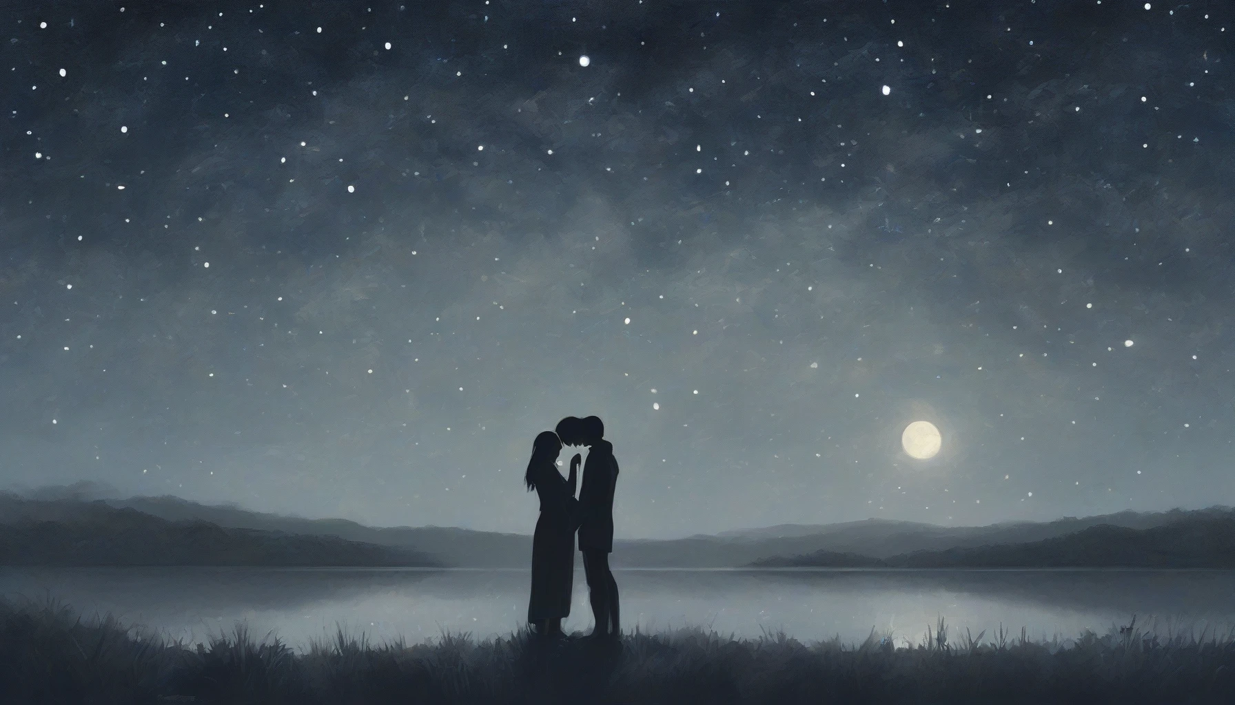 A soft, moonlit night sets the stage as two figures share a secluded moment beneath a vast, starry sky. The air is thick with unspoken feelings, and one takes a deep breath, breaking the silence to reveal a heart's secret. With the glow of the stars reflecting their emotions, the scene captures the magic and vulnerability of confessing love amidst the universe's timeless beauty.