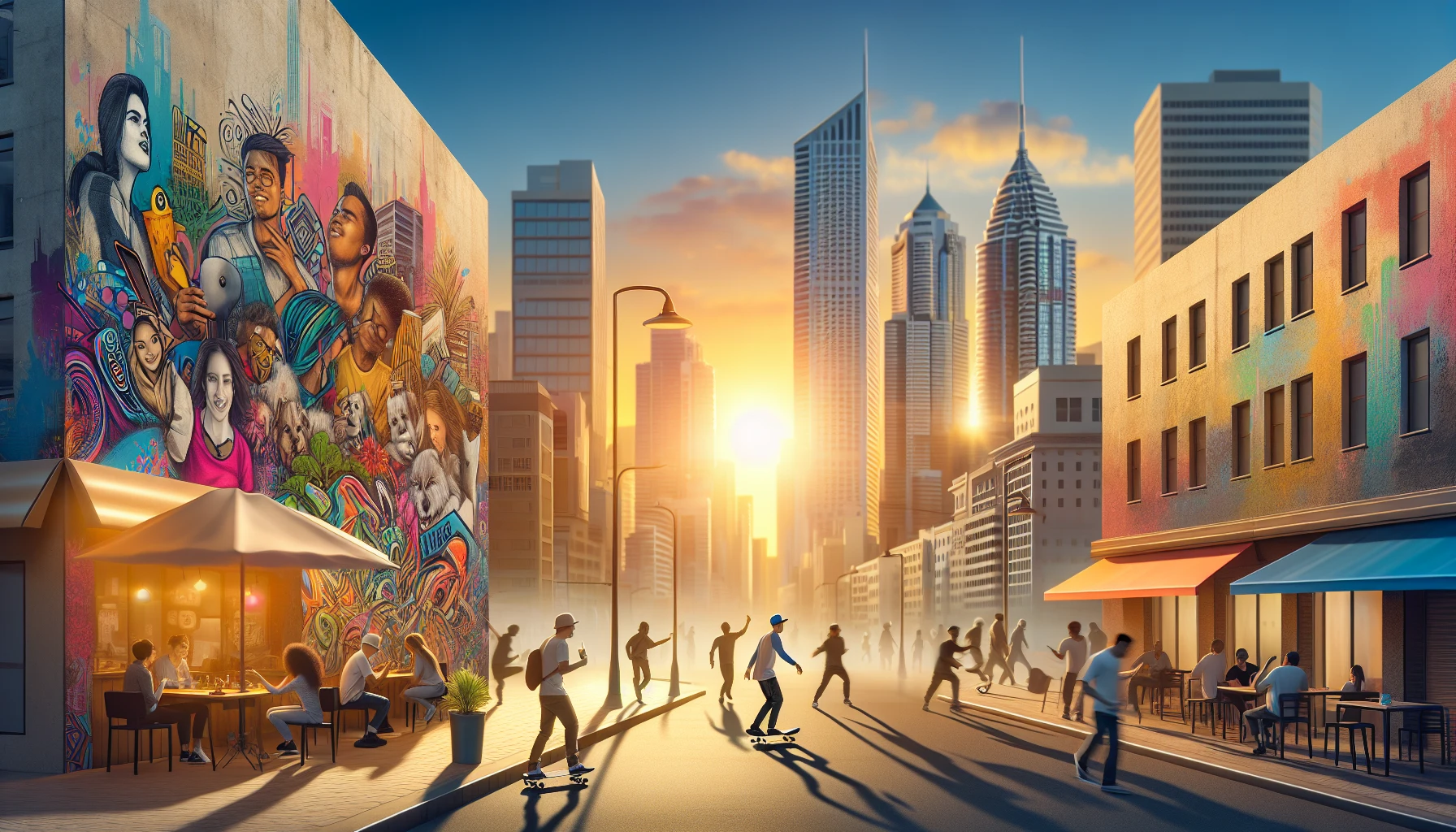 Imagine a bustling cityscape at sunset, where vibrant street art splashes color across concrete walls. A diverse crowd moves through the scene—skateboarders gliding past, artists painting in cafes, and musicians playing soulful tunes on the corner. Towering skyscrapers loom above, reflecting the warm golden hues of the sky, while the sound of laughter and chatter fills the air, embodying the lively rhythm of urban life.